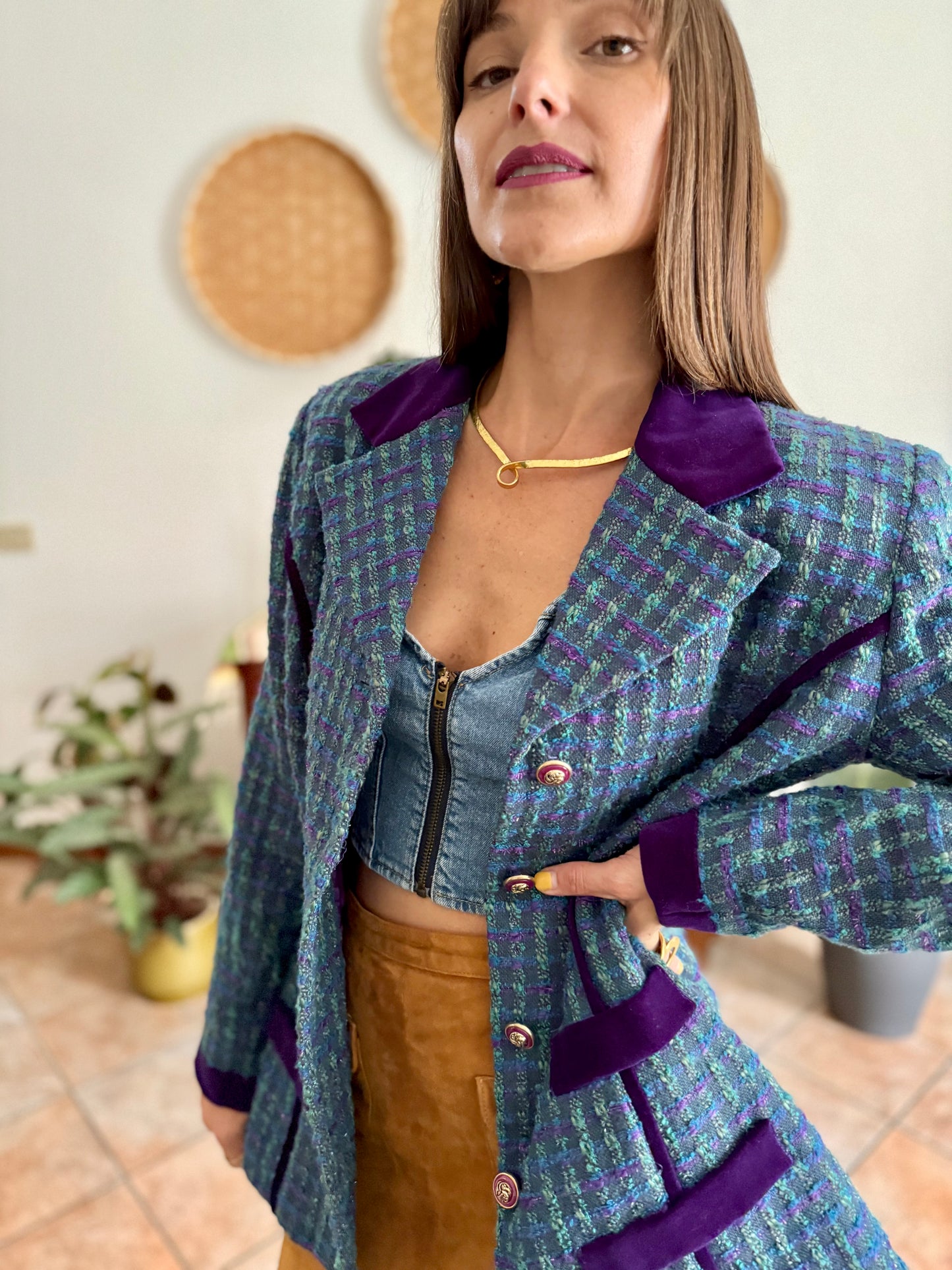 1970's vintage wool blend turquoise and purple plaid boucle blazer