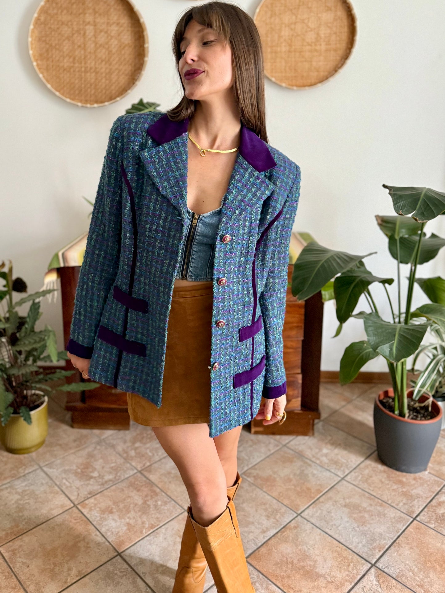 1970's vintage wool blend turquoise and purple plaid boucle blazer