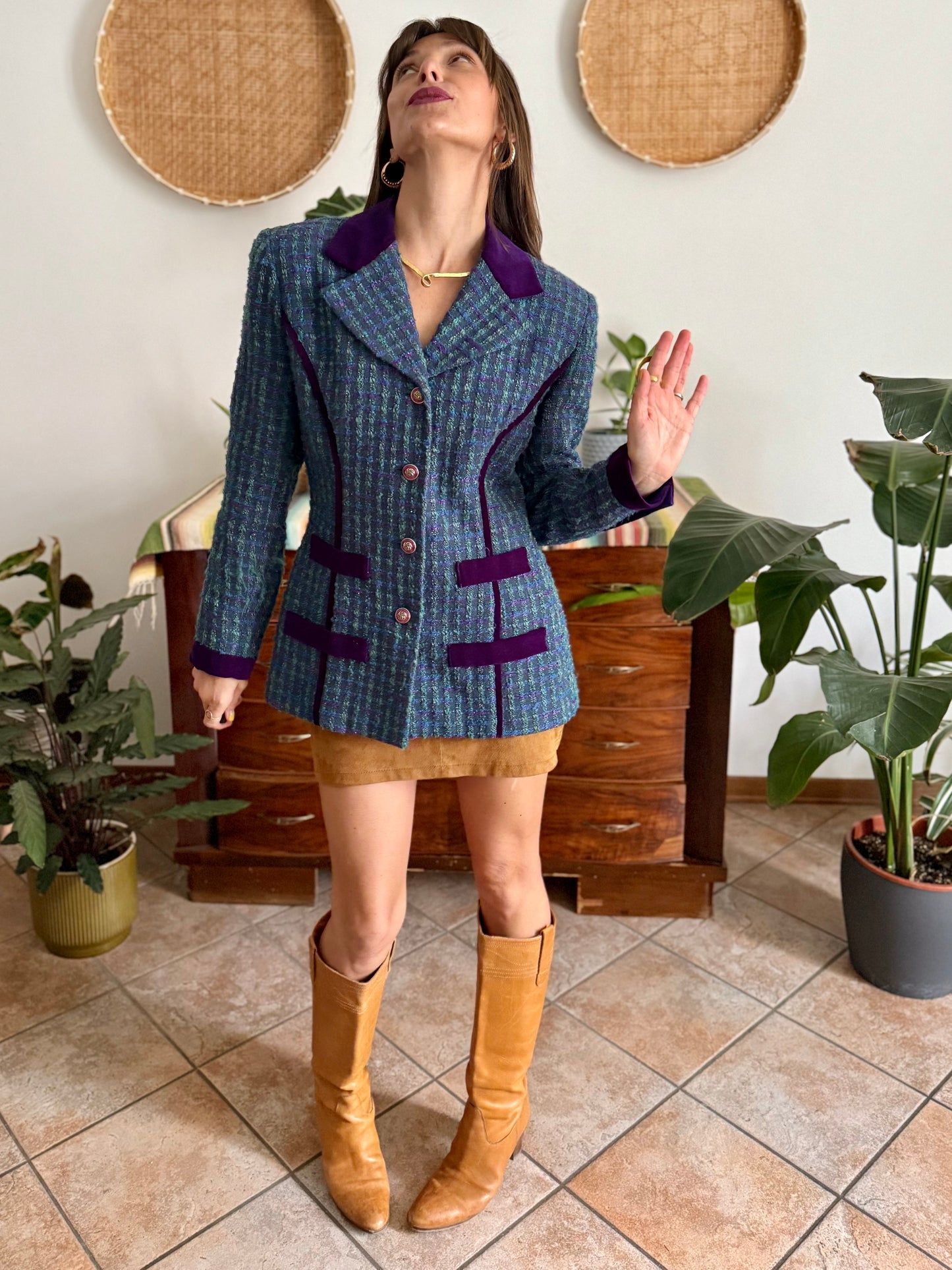 1970's vintage wool blend turquoise and purple plaid boucle blazer