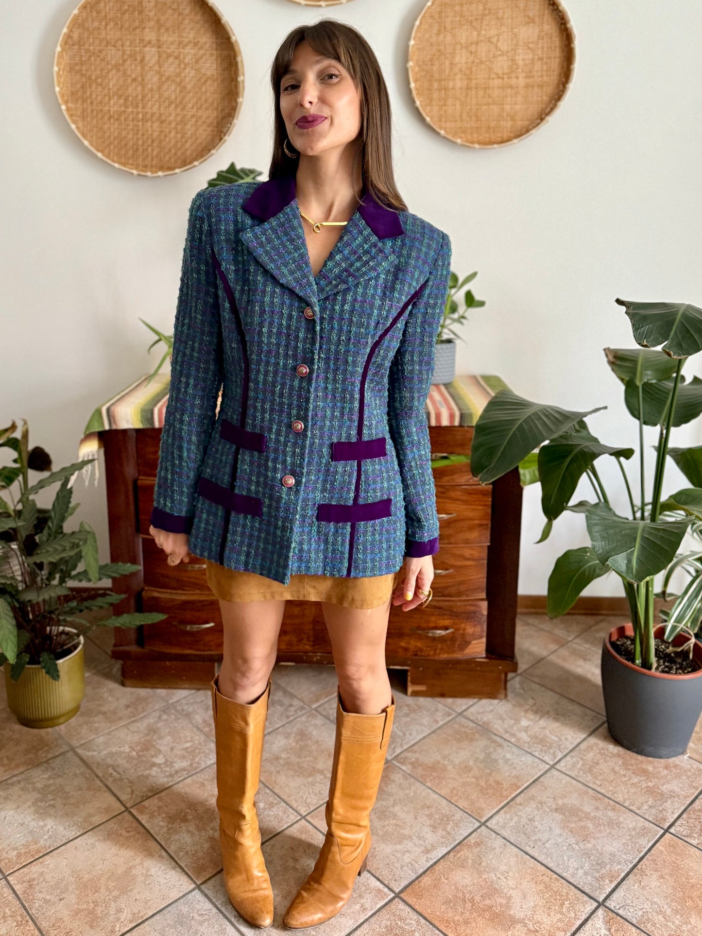 1970's vintage wool blend turquoise and purple plaid boucle blazer