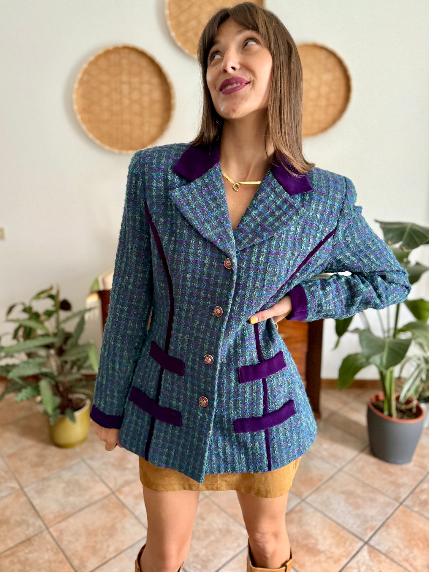 1970's vintage wool blend turquoise and purple plaid boucle blazer