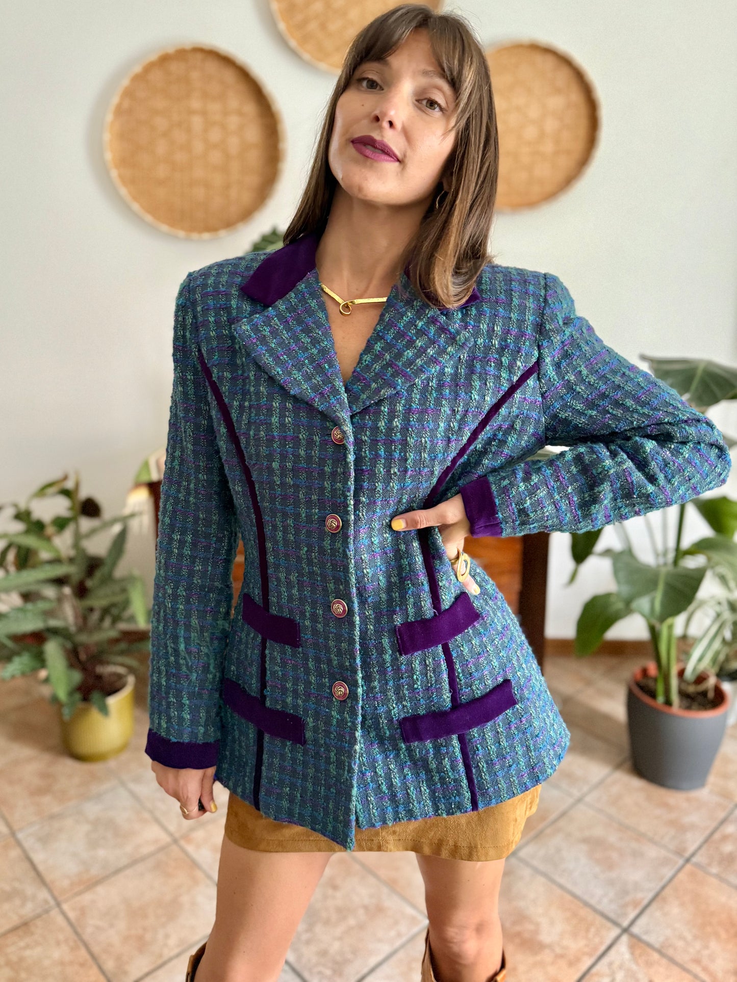 1970's vintage wool blend turquoise and purple plaid boucle blazer