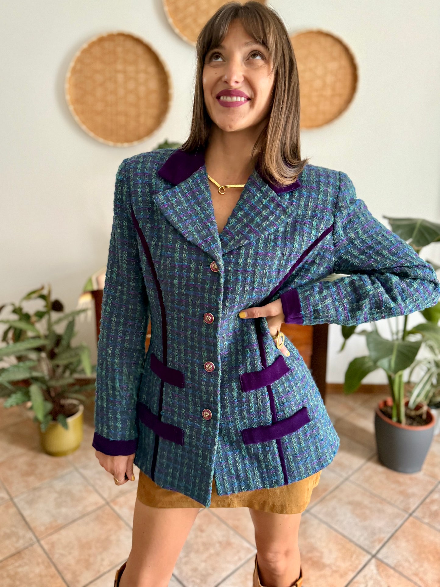 1970's vintage wool blend turquoise and purple plaid boucle blazer