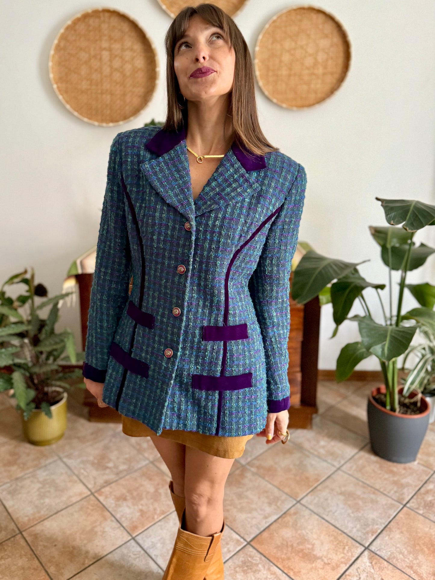 1970's vintage wool blend turquoise and purple plaid boucle blazer
