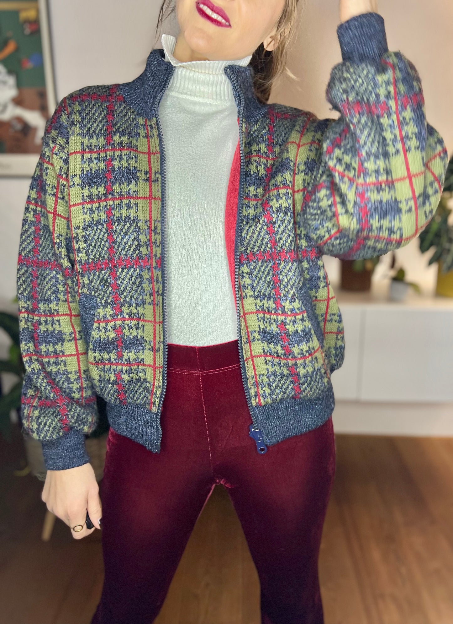 1980's vintage green, red and navy double knit plaid jacket