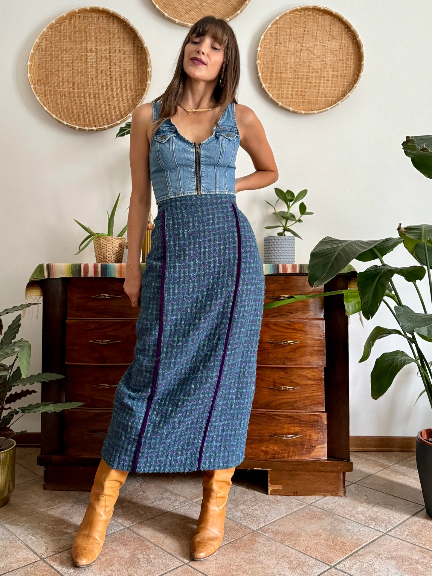1970's vintage wool blend turquoise and purple plaid maxi skirt with purple velvet details