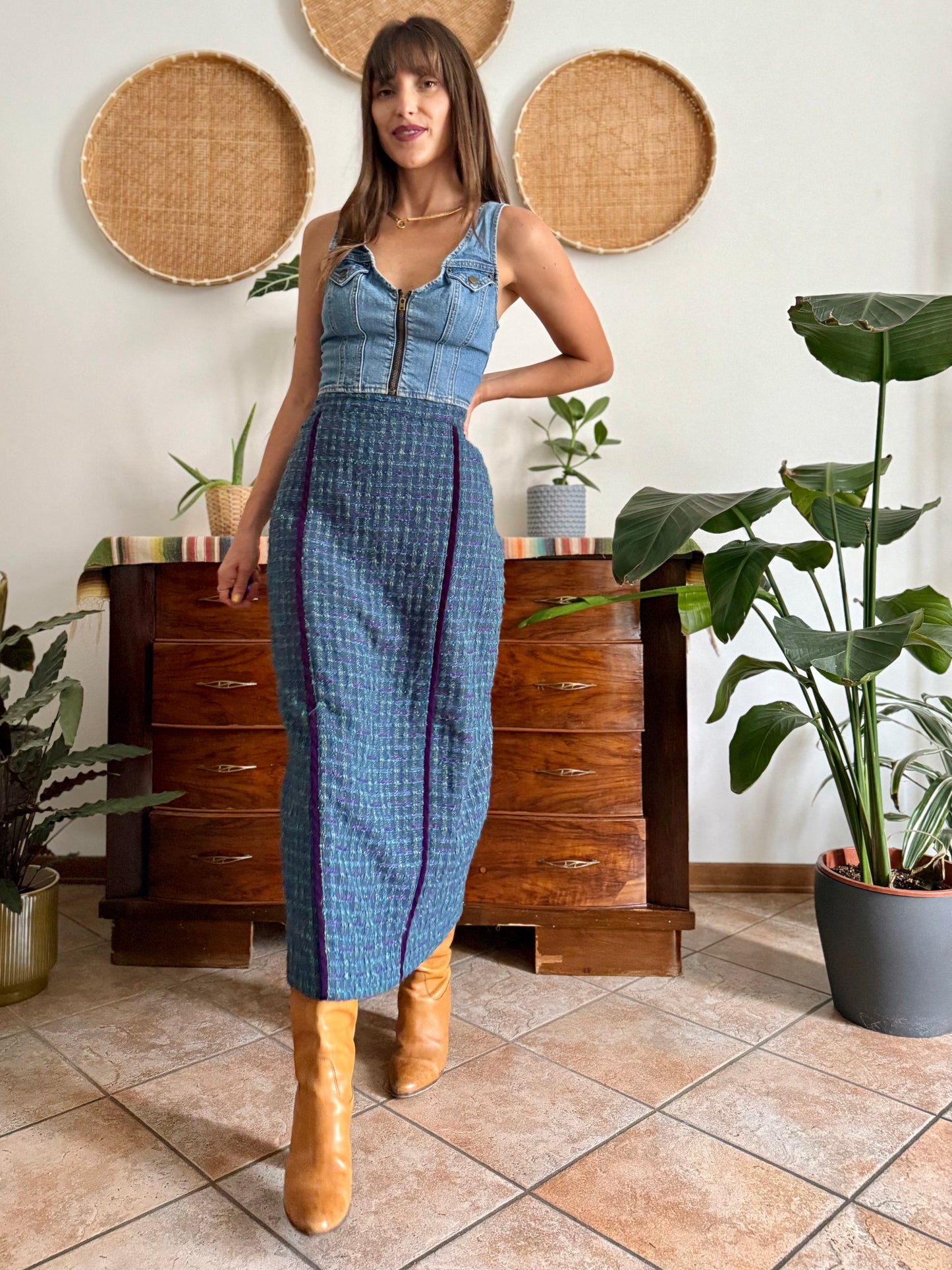 1970's vintage wool blend turquoise and purple plaid maxi skirt with purple velvet details