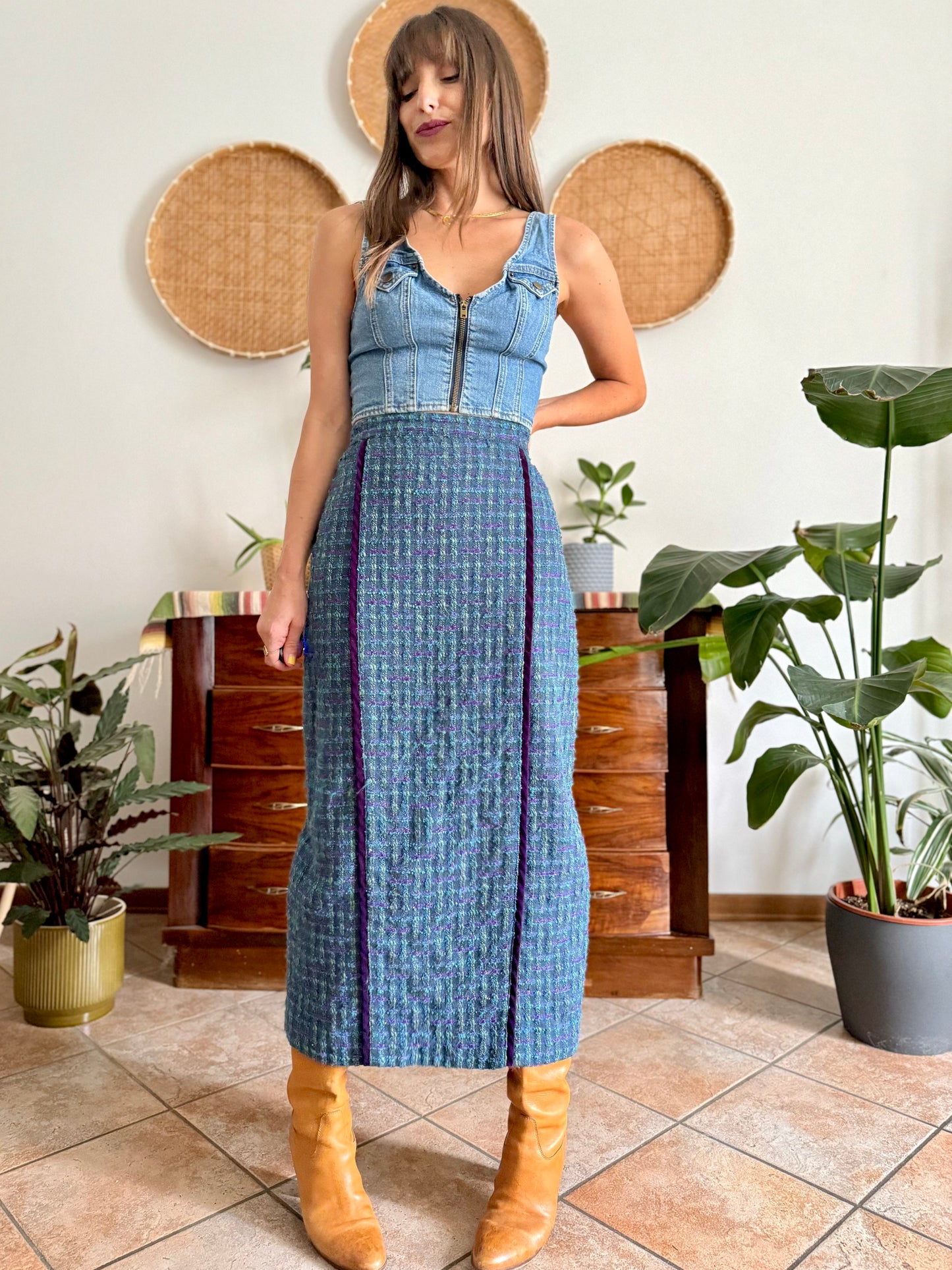 1970's vintage wool blend turquoise and purple plaid maxi skirt with purple velvet details