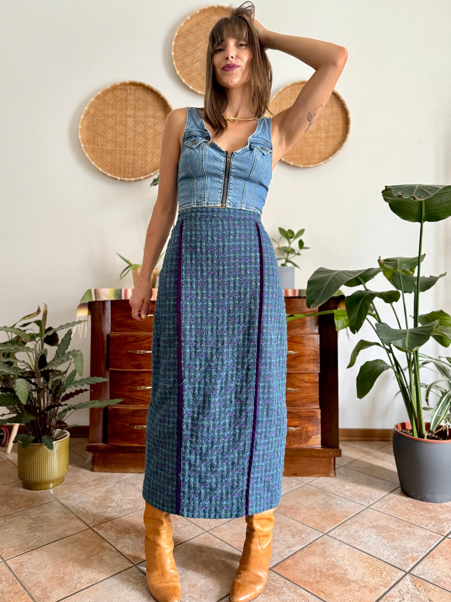 1970's vintage wool blend turquoise and purple plaid maxi skirt with purple velvet details