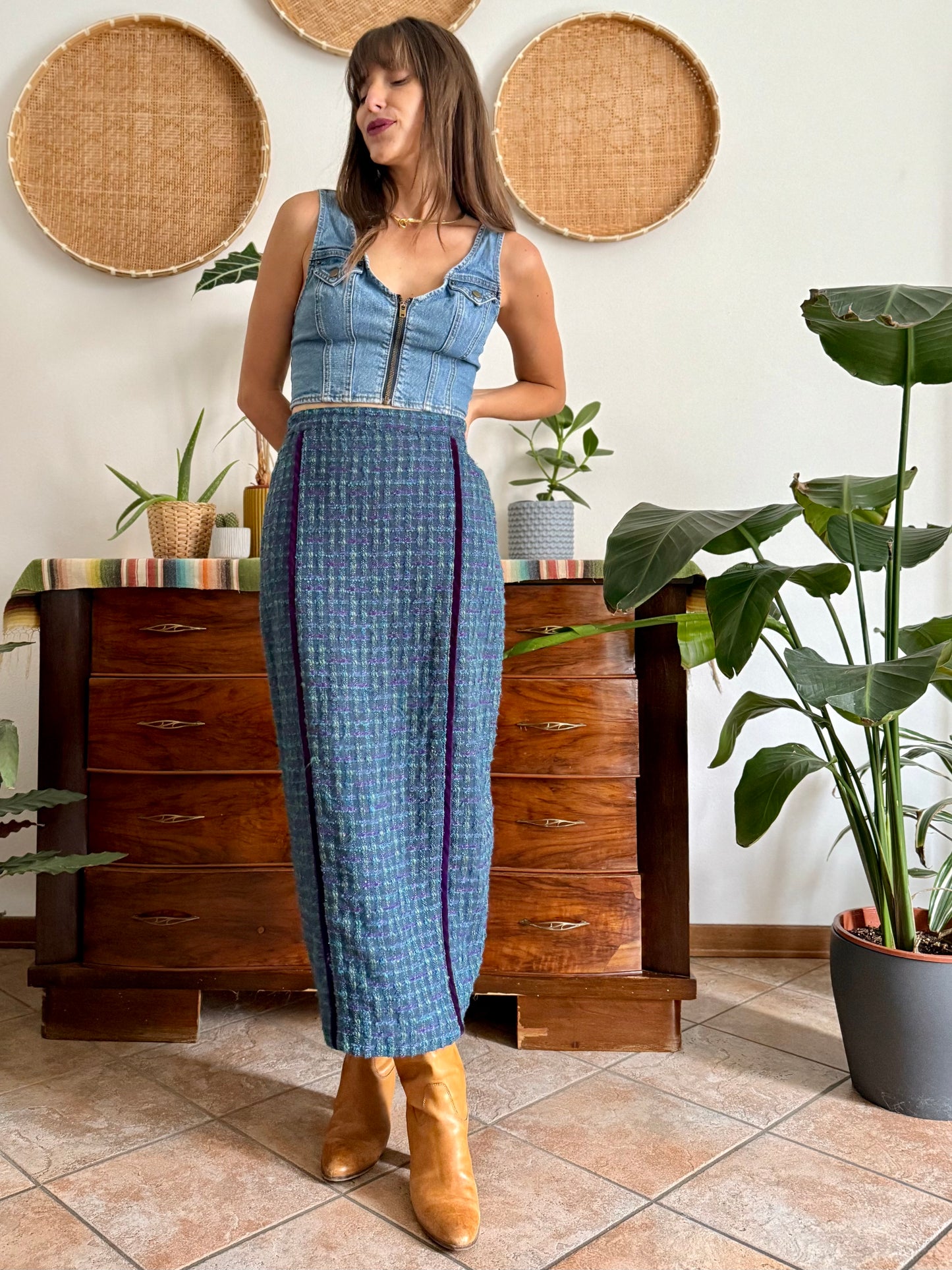 1970's vintage wool blend turquoise and purple plaid maxi skirt with purple velvet details