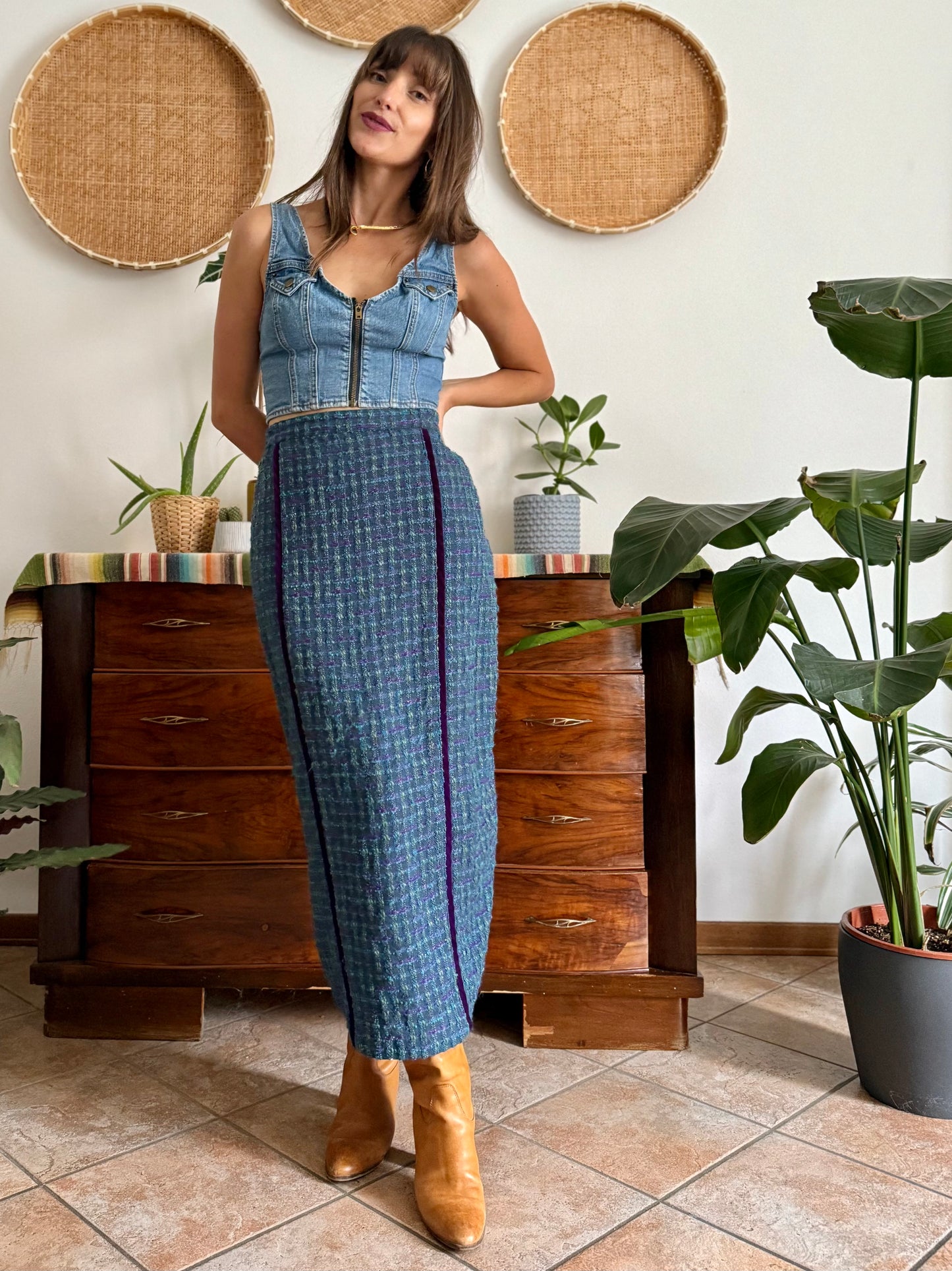 1970's vintage wool blend turquoise and purple plaid maxi skirt with purple velvet details