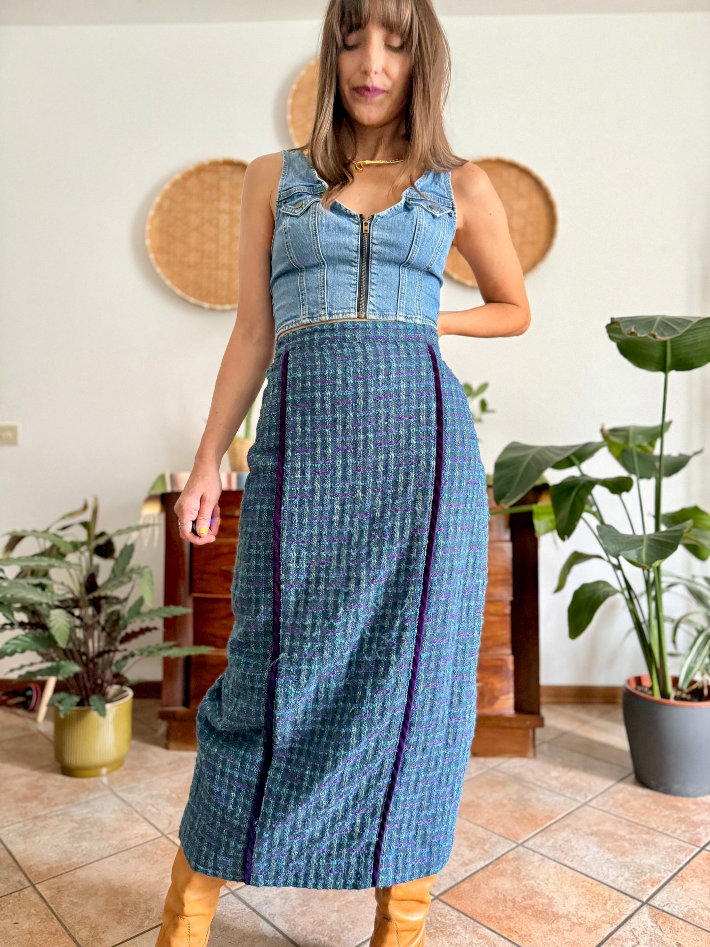 1970's vintage wool blend turquoise and purple plaid maxi skirt with purple velvet details