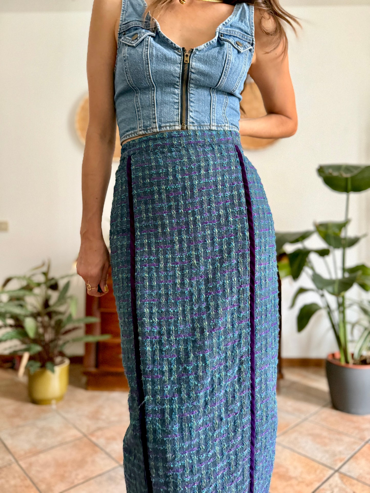 1970's vintage wool blend turquoise and purple plaid maxi skirt with purple velvet details