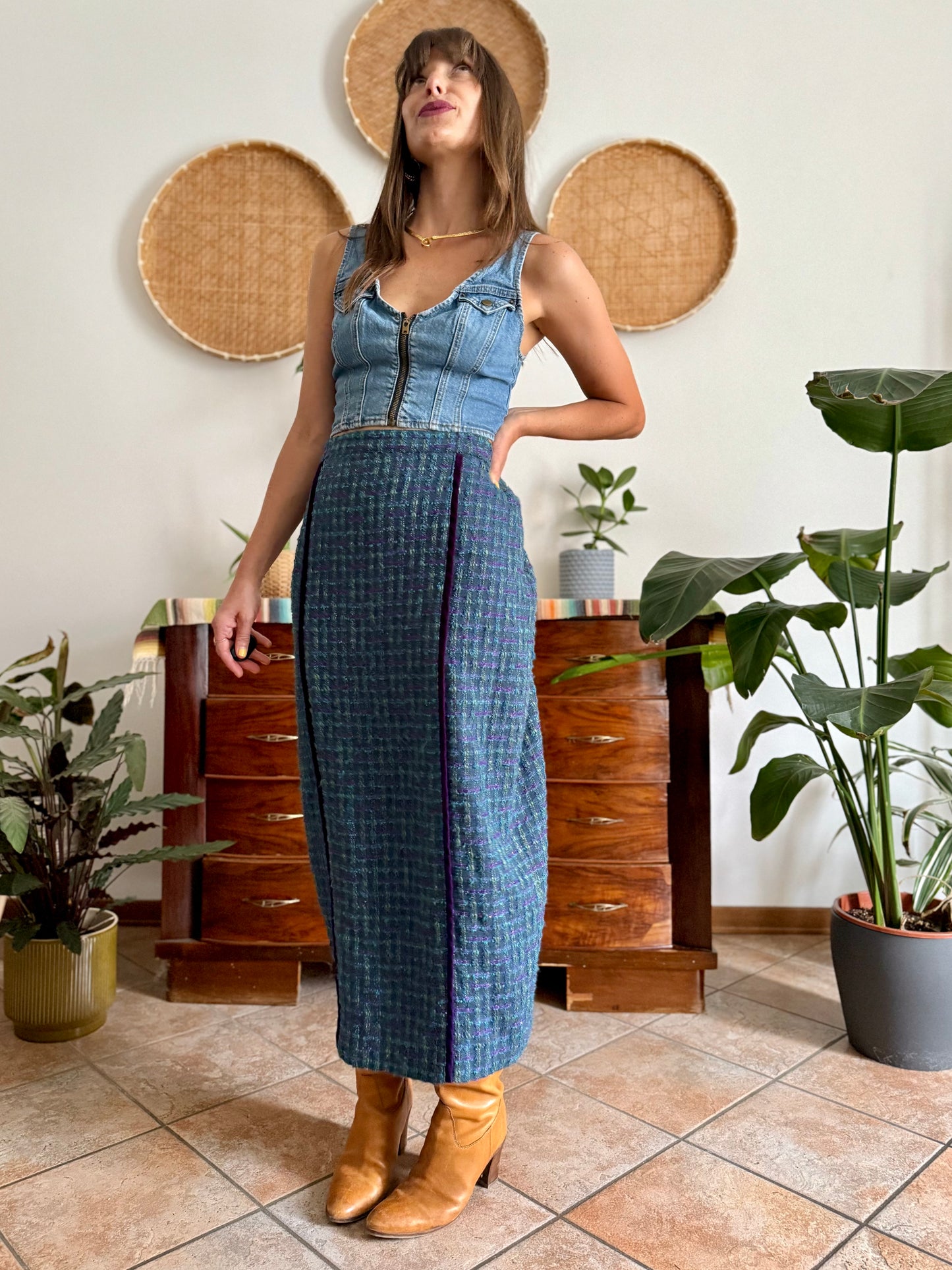 1970's vintage wool blend turquoise and purple plaid maxi skirt with purple velvet details