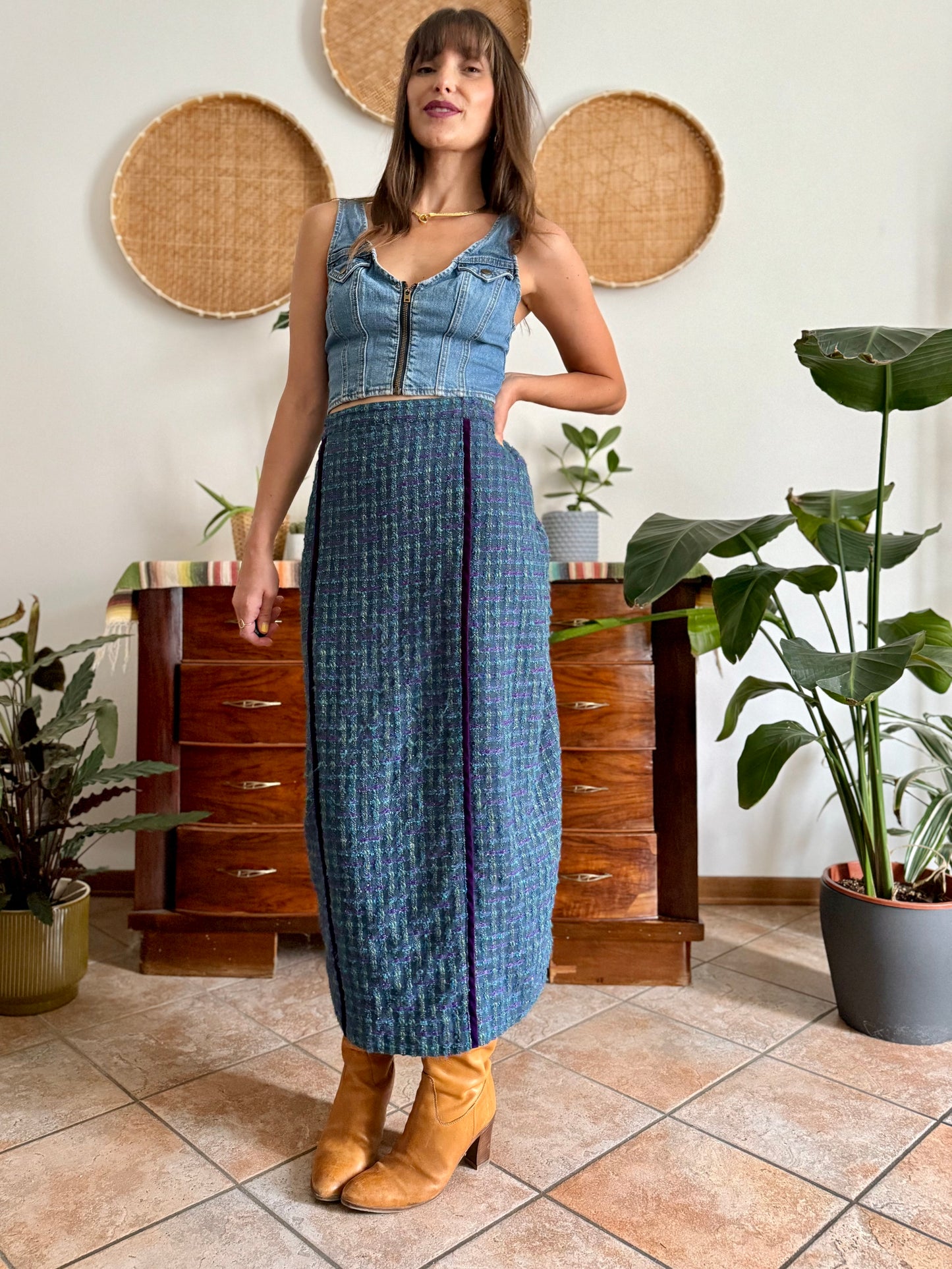 1970's vintage wool blend turquoise and purple plaid maxi skirt with purple velvet details