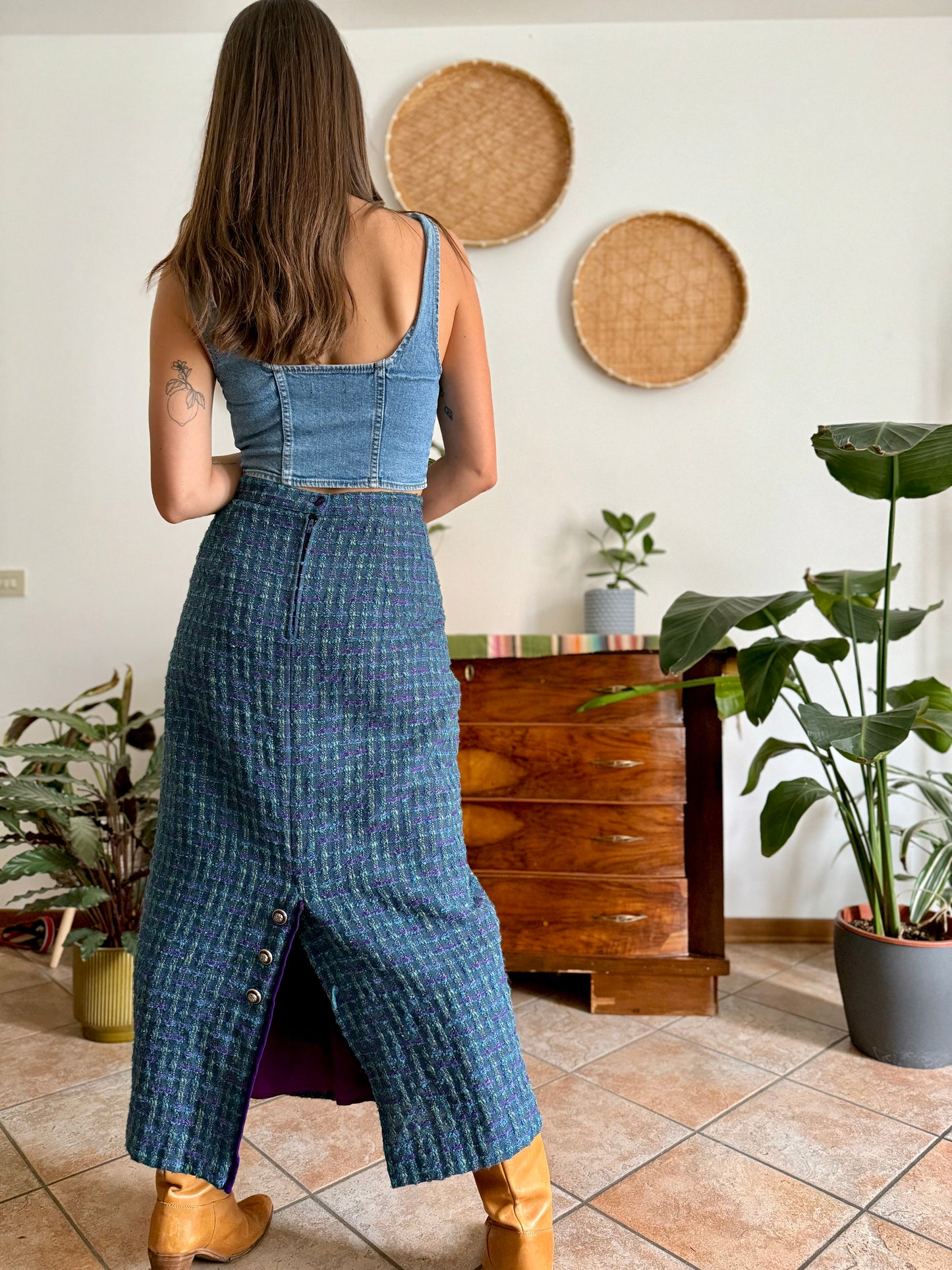 1970's vintage wool blend turquoise and purple plaid maxi skirt with purple velvet details