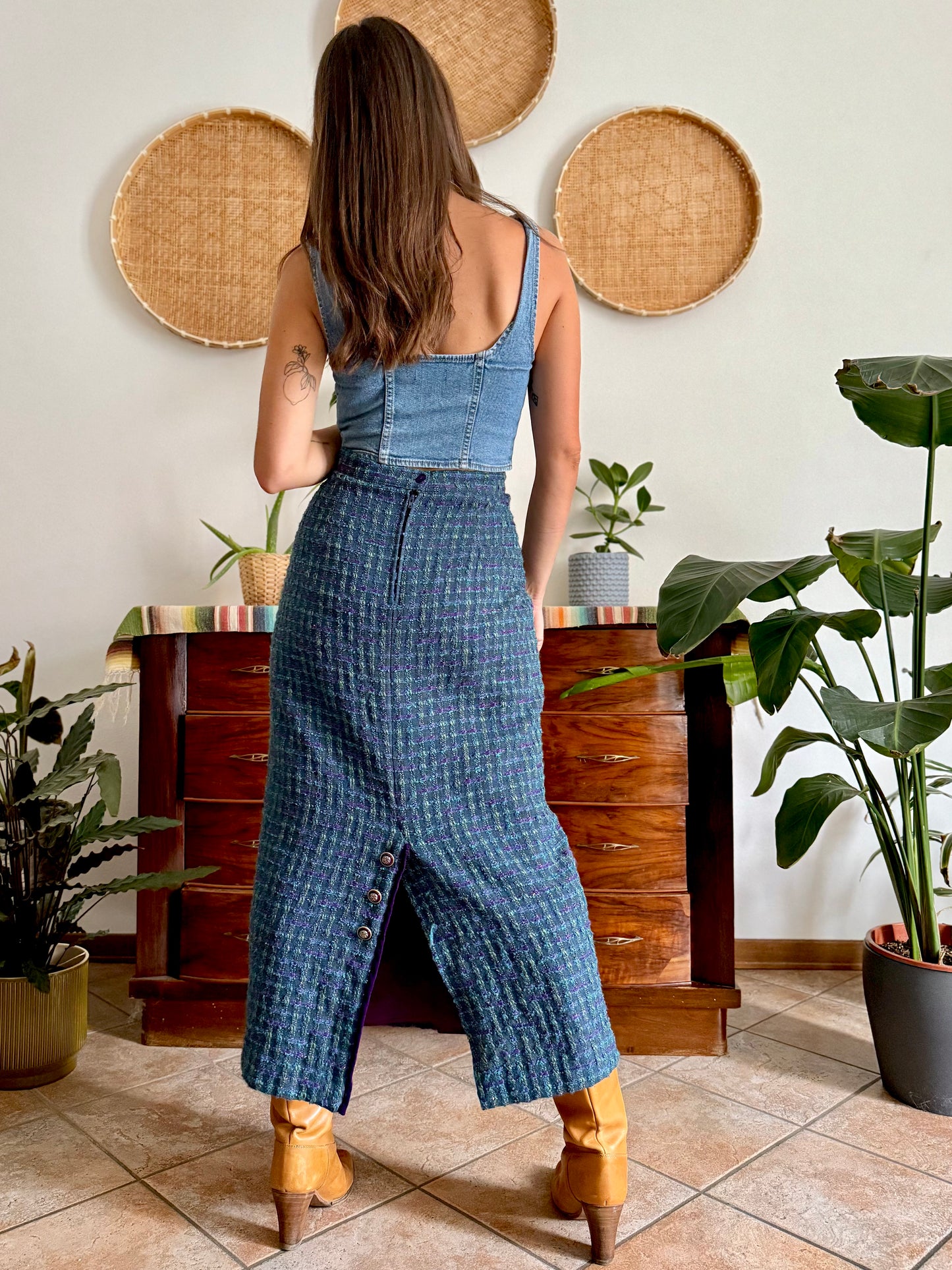 1970's vintage wool blend turquoise and purple plaid maxi skirt with purple velvet details