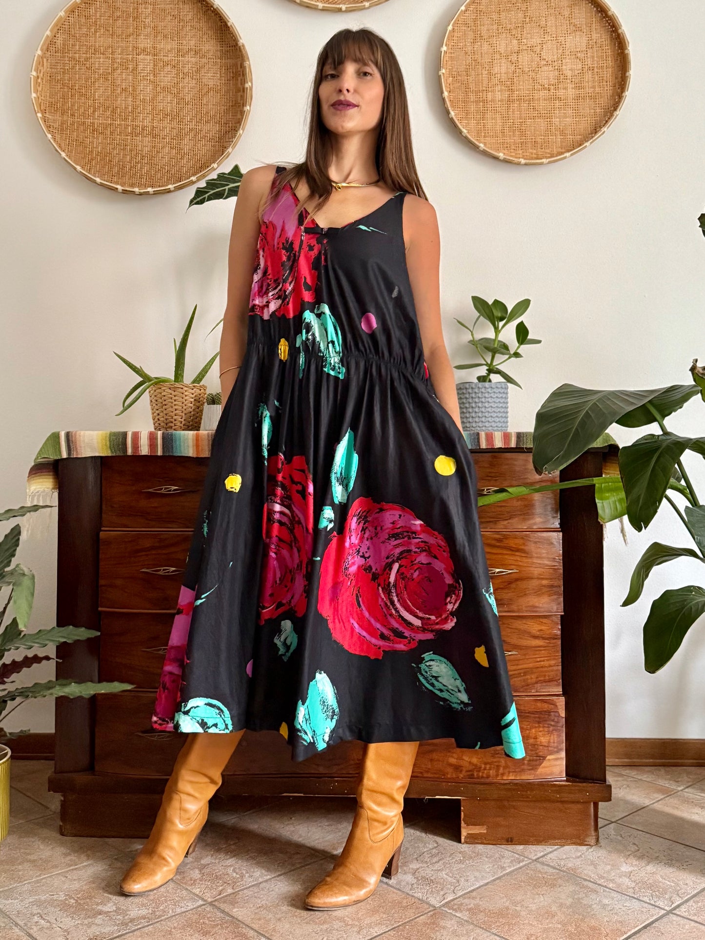 1970's vintage black floral midi dress with fuchsia and turquoise floral print