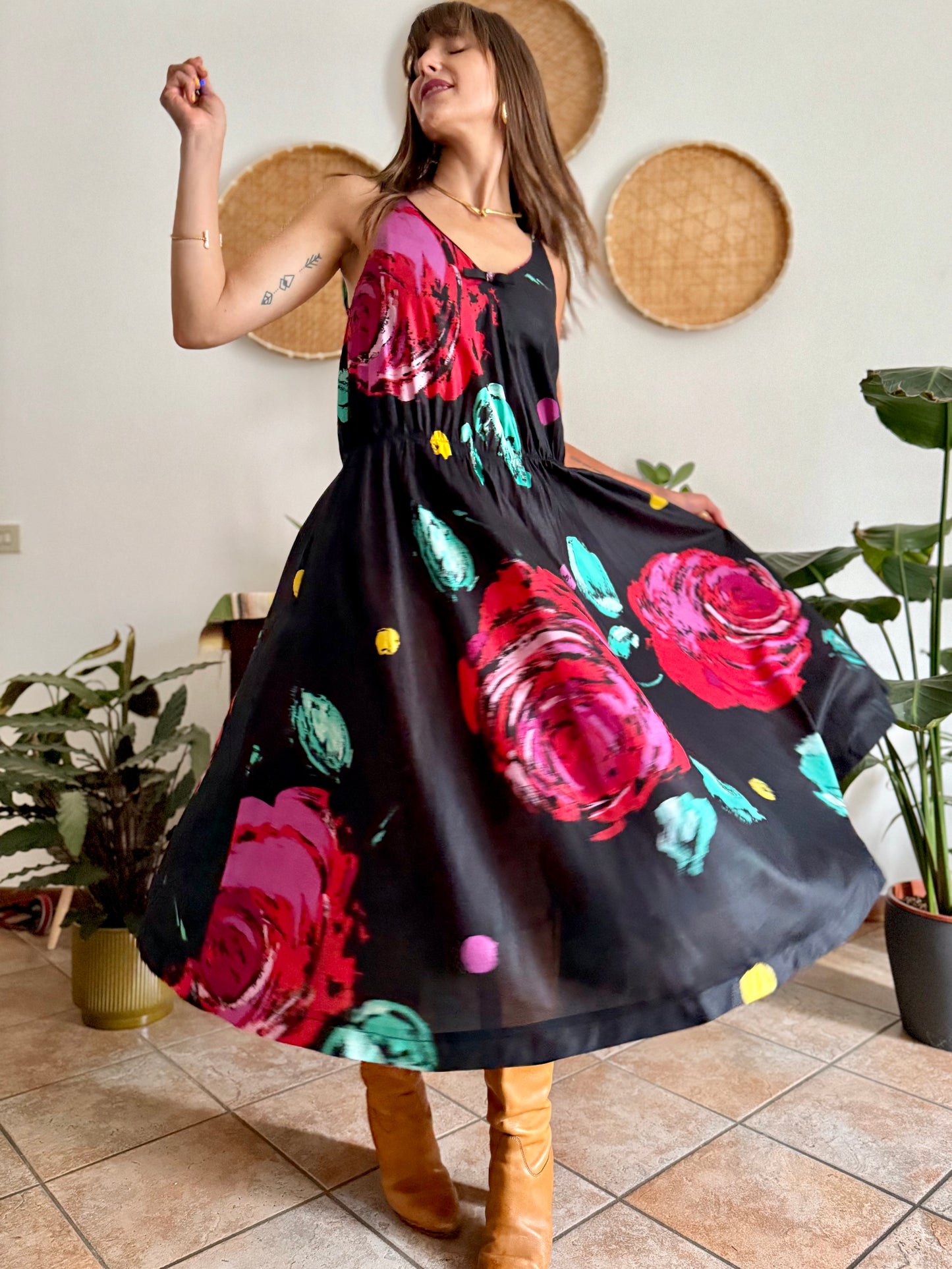 1970's vintage black floral midi dress with fuchsia and turquoise floral print
