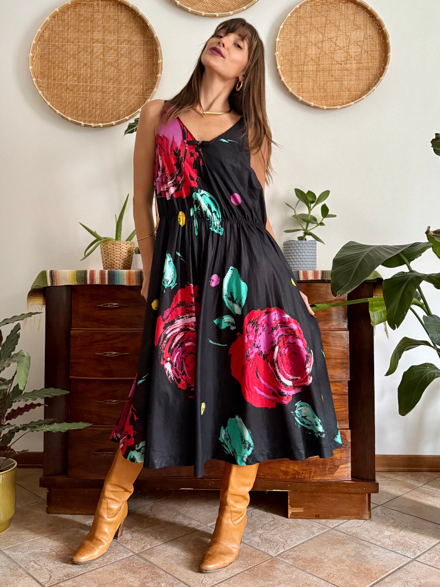 1970's vintage black floral midi dress with fuchsia and turquoise floral print