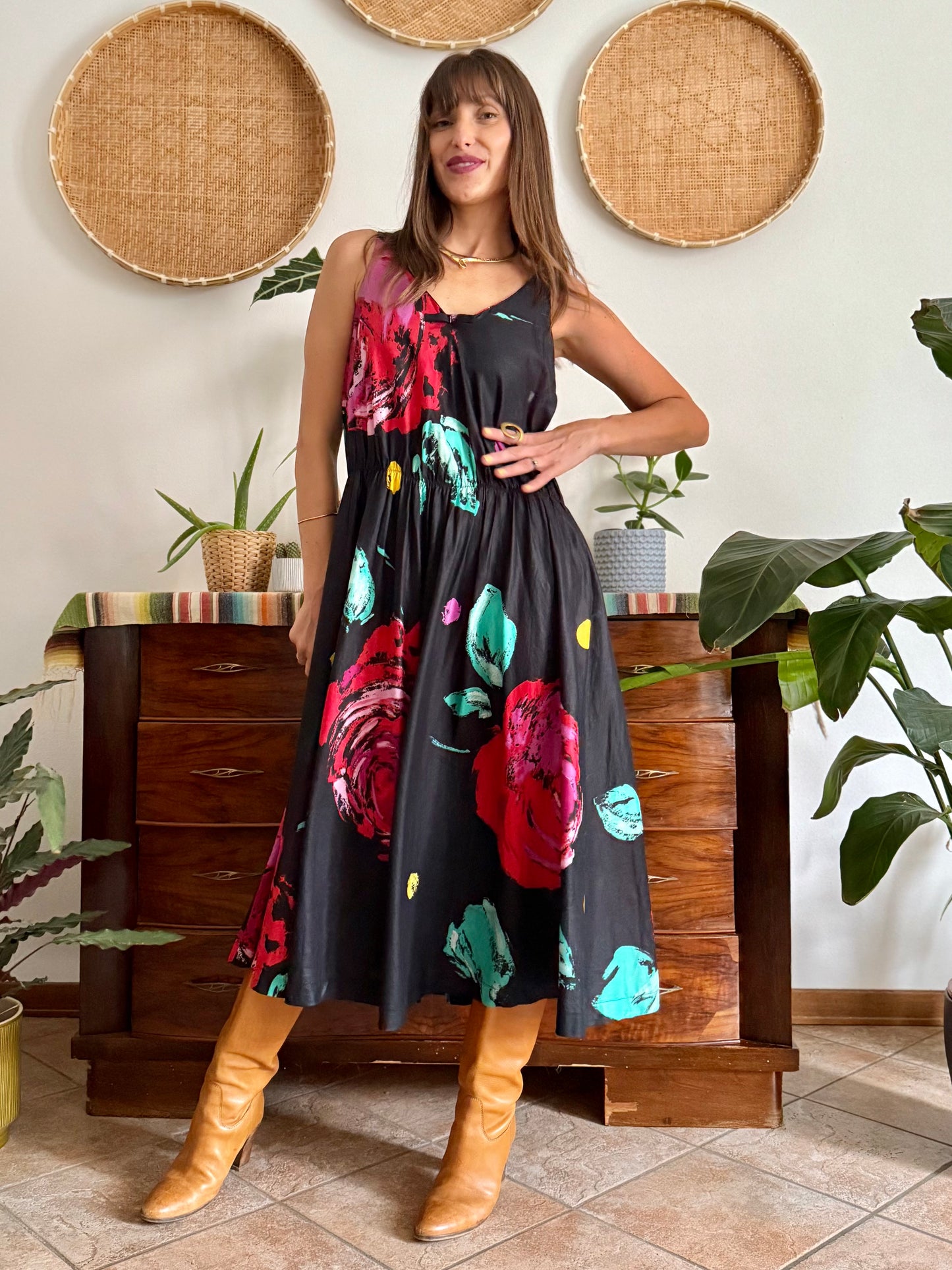 1970's vintage black floral midi dress with fuchsia and turquoise floral print