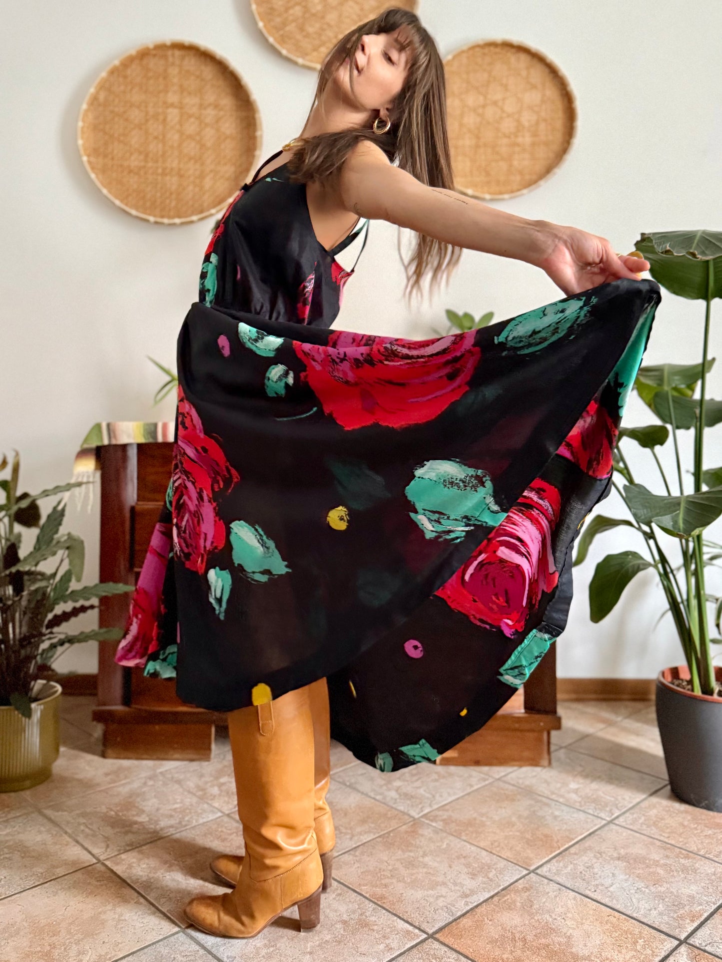 1970's vintage black floral midi dress with fuchsia and turquoise floral print