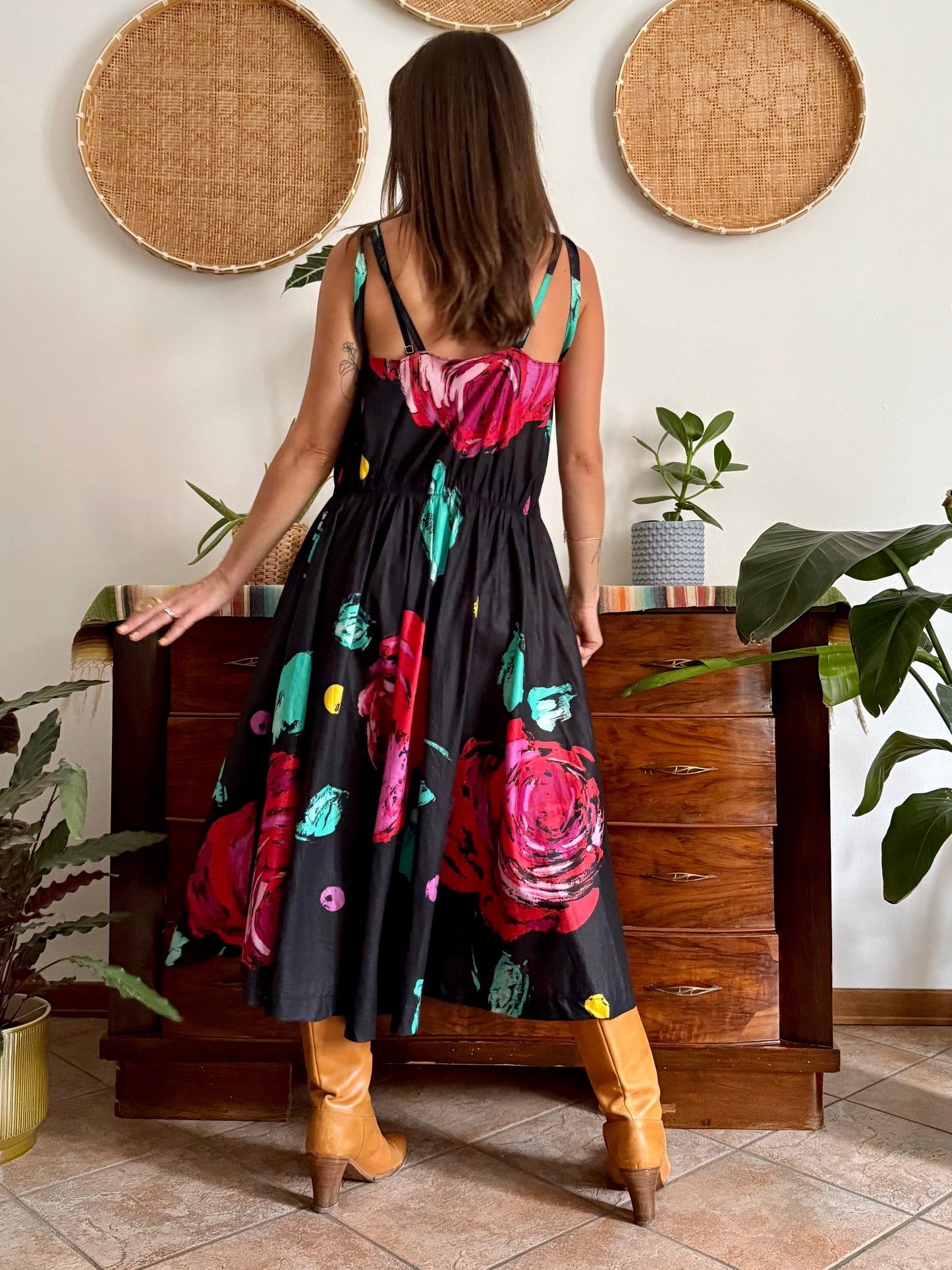 1970's vintage black floral midi dress with fuchsia and turquoise floral print