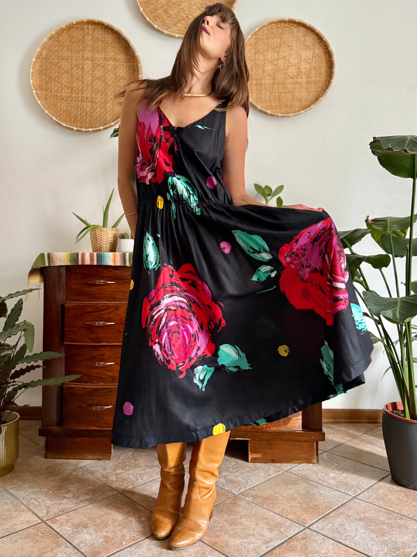 1970's vintage black floral midi dress with fuchsia and turquoise floral print