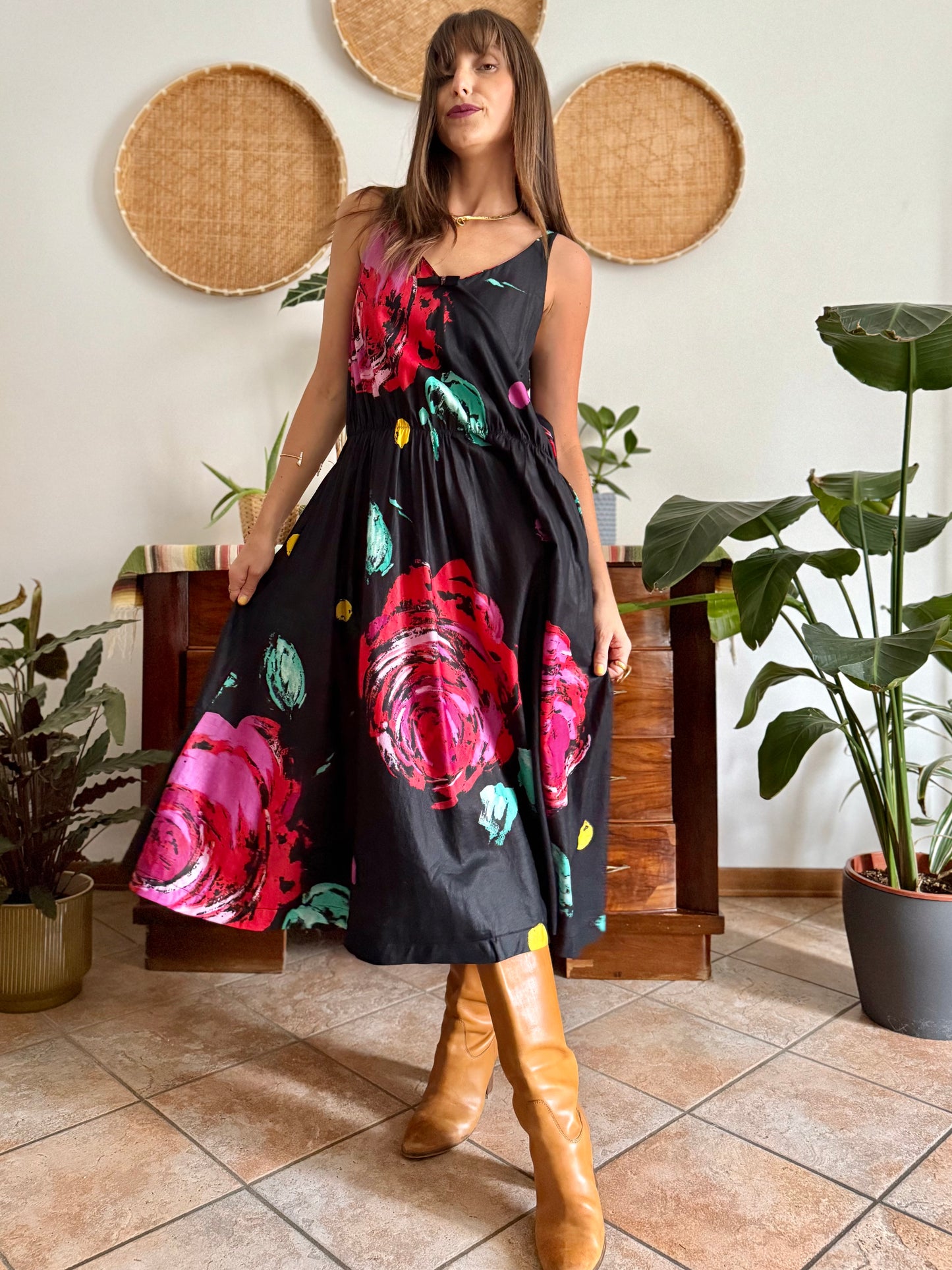 1970's vintage black floral midi dress with fuchsia and turquoise floral print