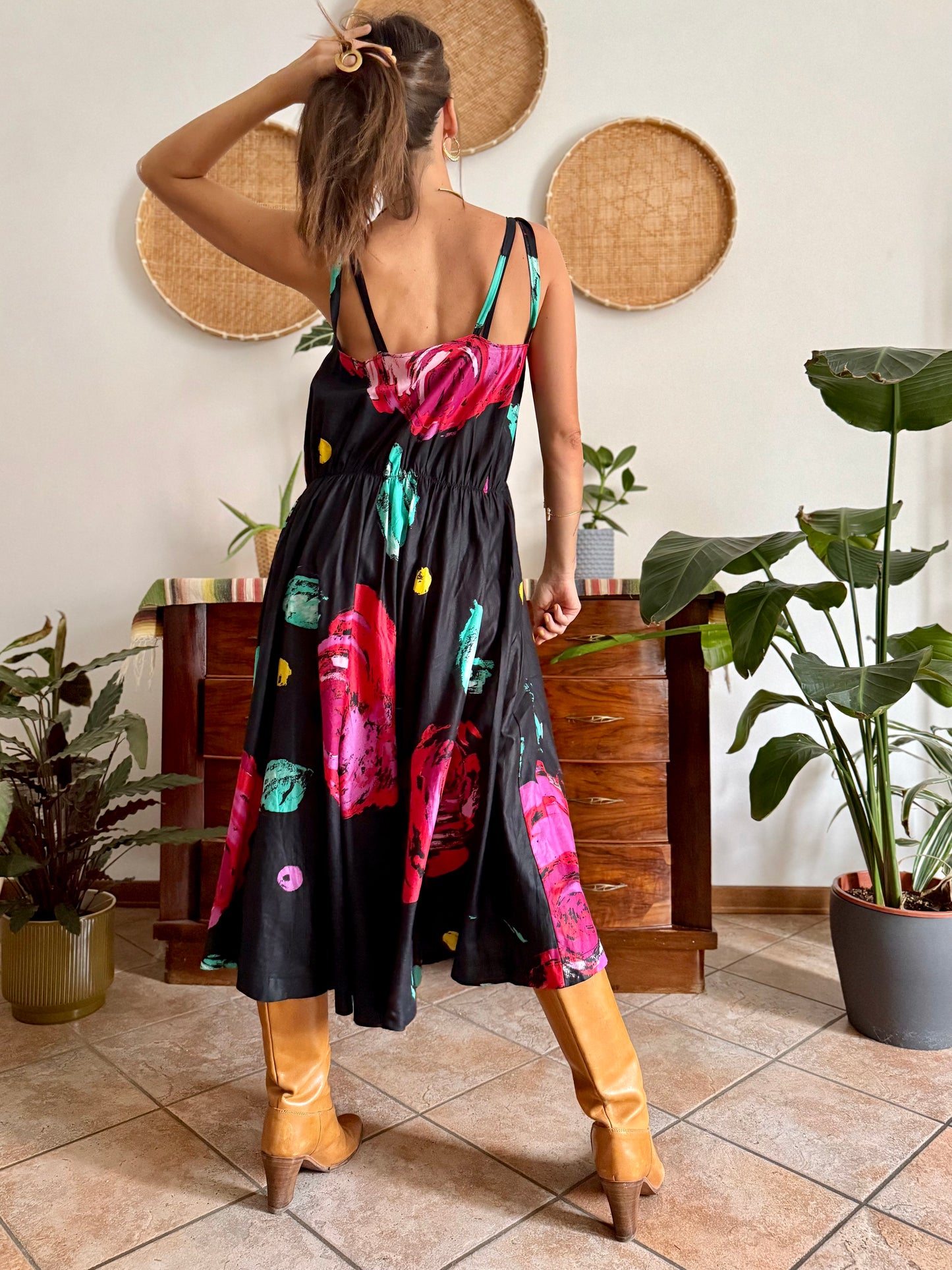 1970's vintage black floral midi dress with fuchsia and turquoise floral print