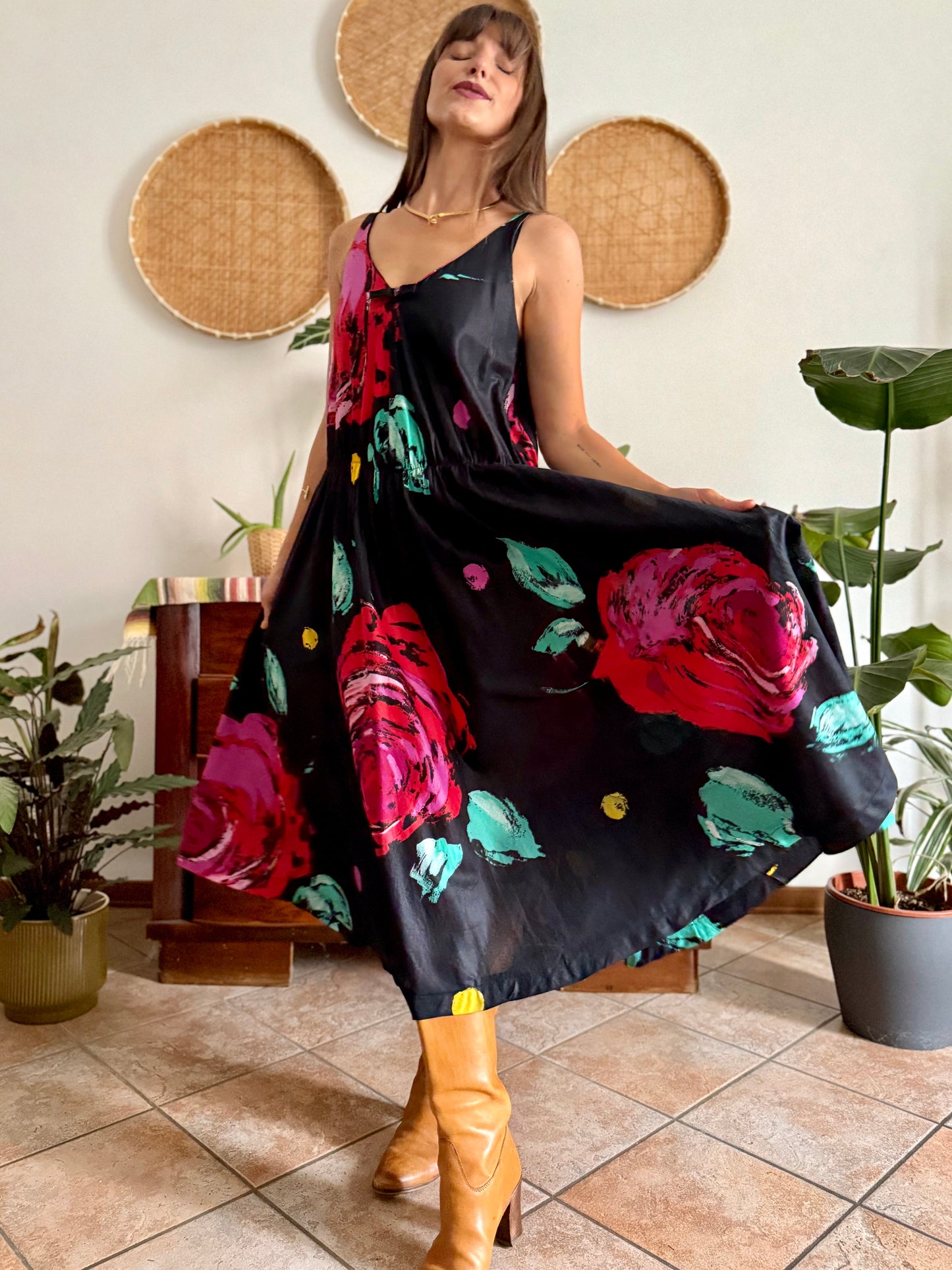 1970's vintage black floral midi dress with fuchsia and turquoise floral print