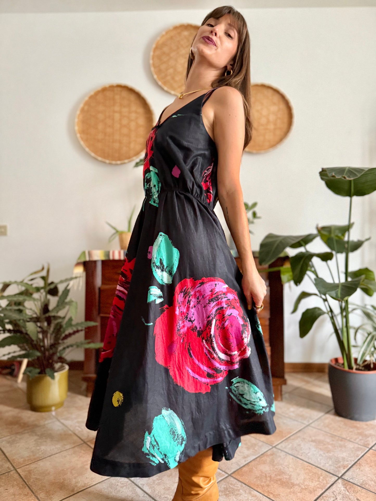 1970's vintage black floral midi dress with fuchsia and turquoise floral print