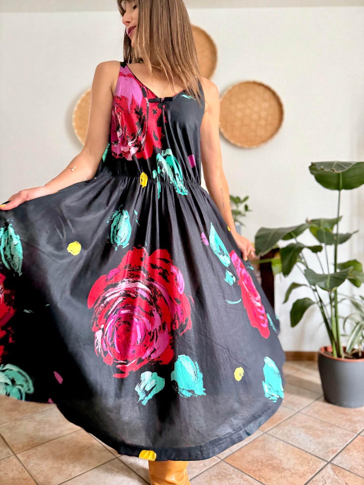 1970's vintage black floral midi dress with fuchsia and turquoise floral print