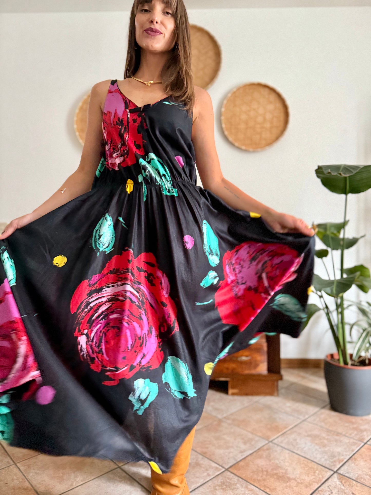 1970's vintage black floral midi dress with fuchsia and turquoise floral print