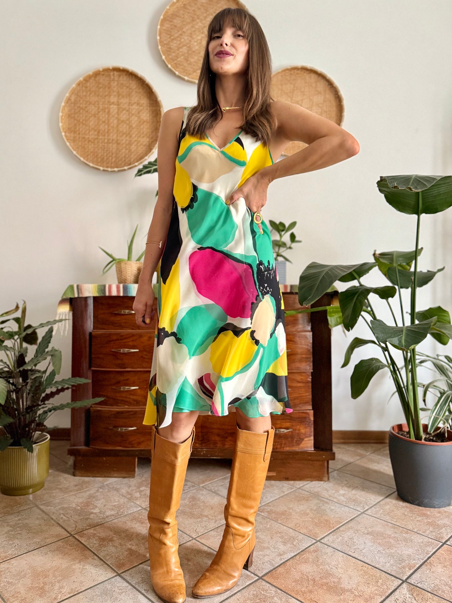 1990's vintage silk double layer yellow and green floral midi dress