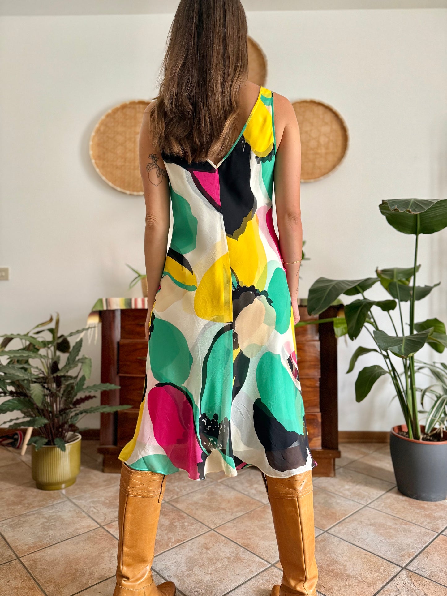 1990's vintage silk double layer yellow and green floral midi dress