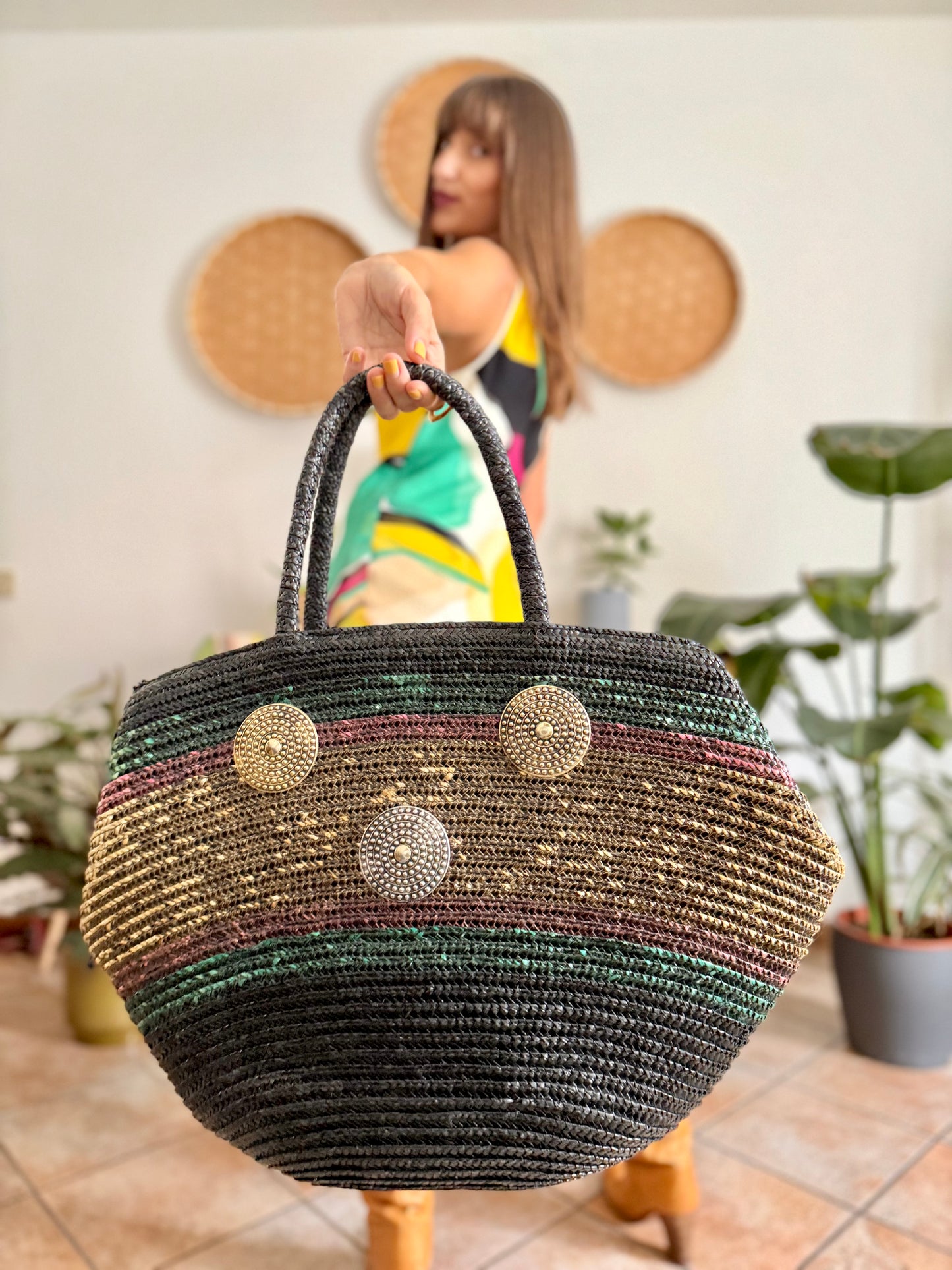 1970's vintage black, green and pink stripe Ratan hand bag with metallic detailing