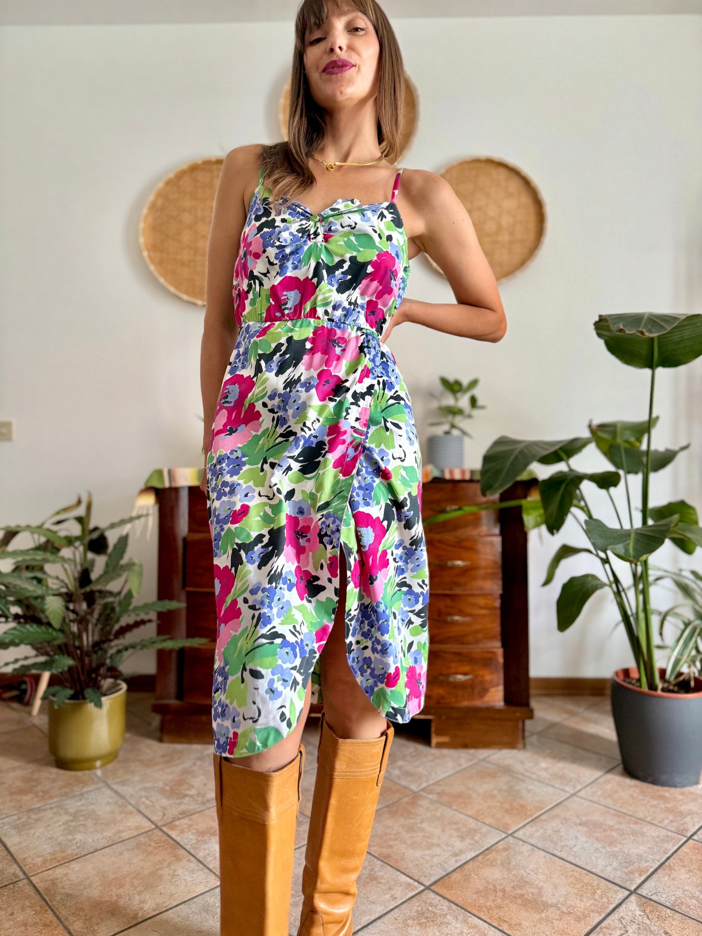 1970's vintage fuchsia, blue and green floral midi dress with bow detail