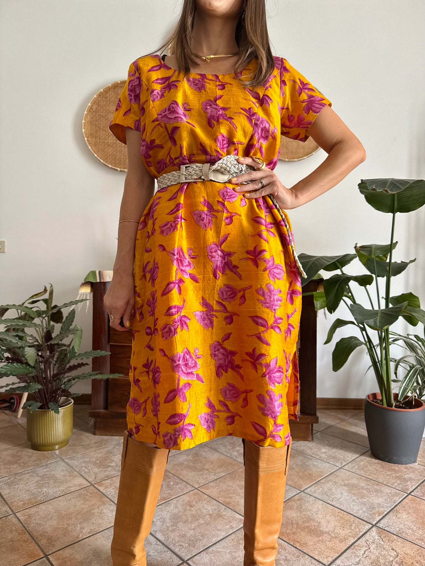 1970's vintage yellow raw silk with fuchsia floral print