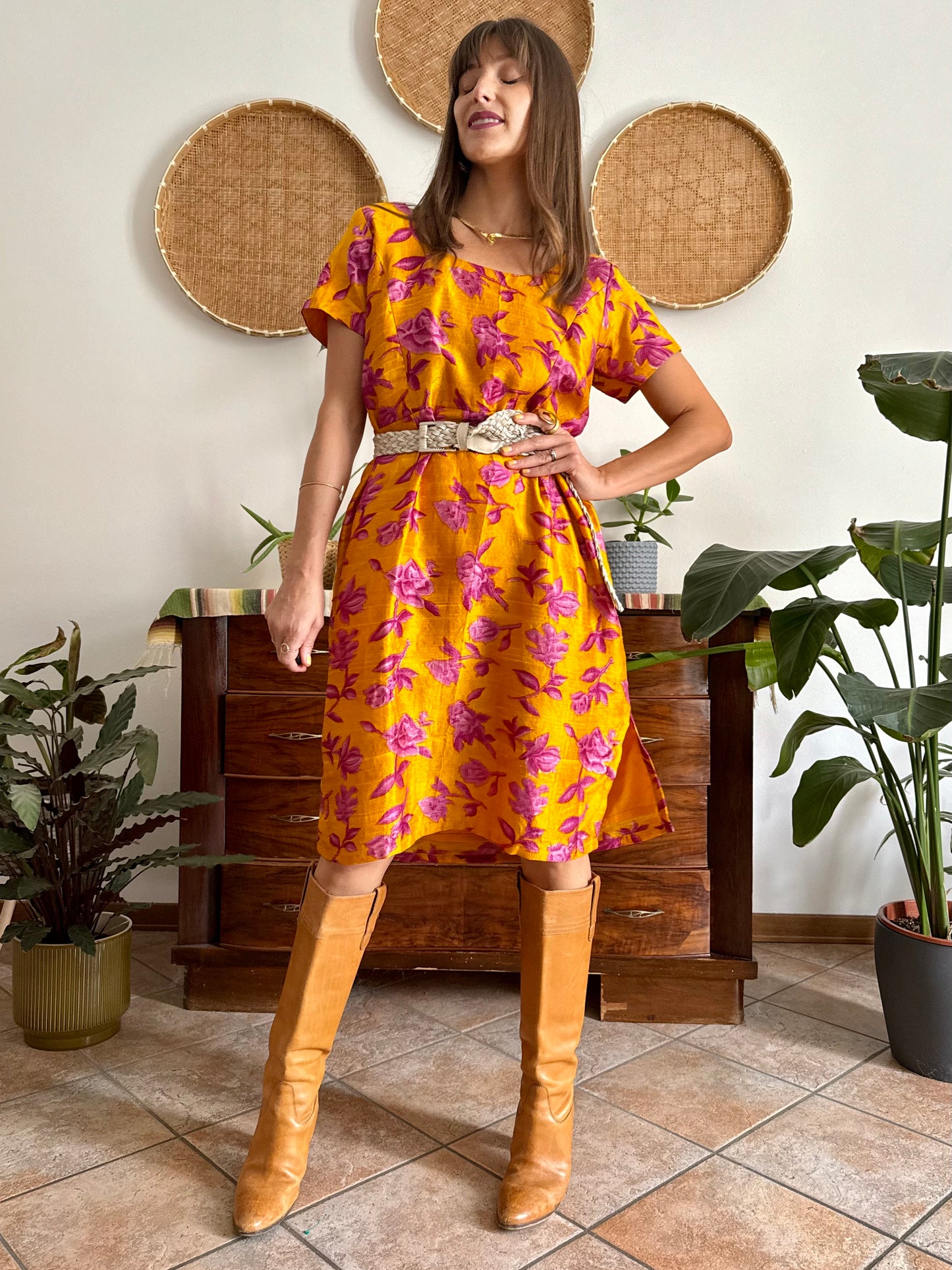 1970's vintage yellow raw silk with fuchsia floral print