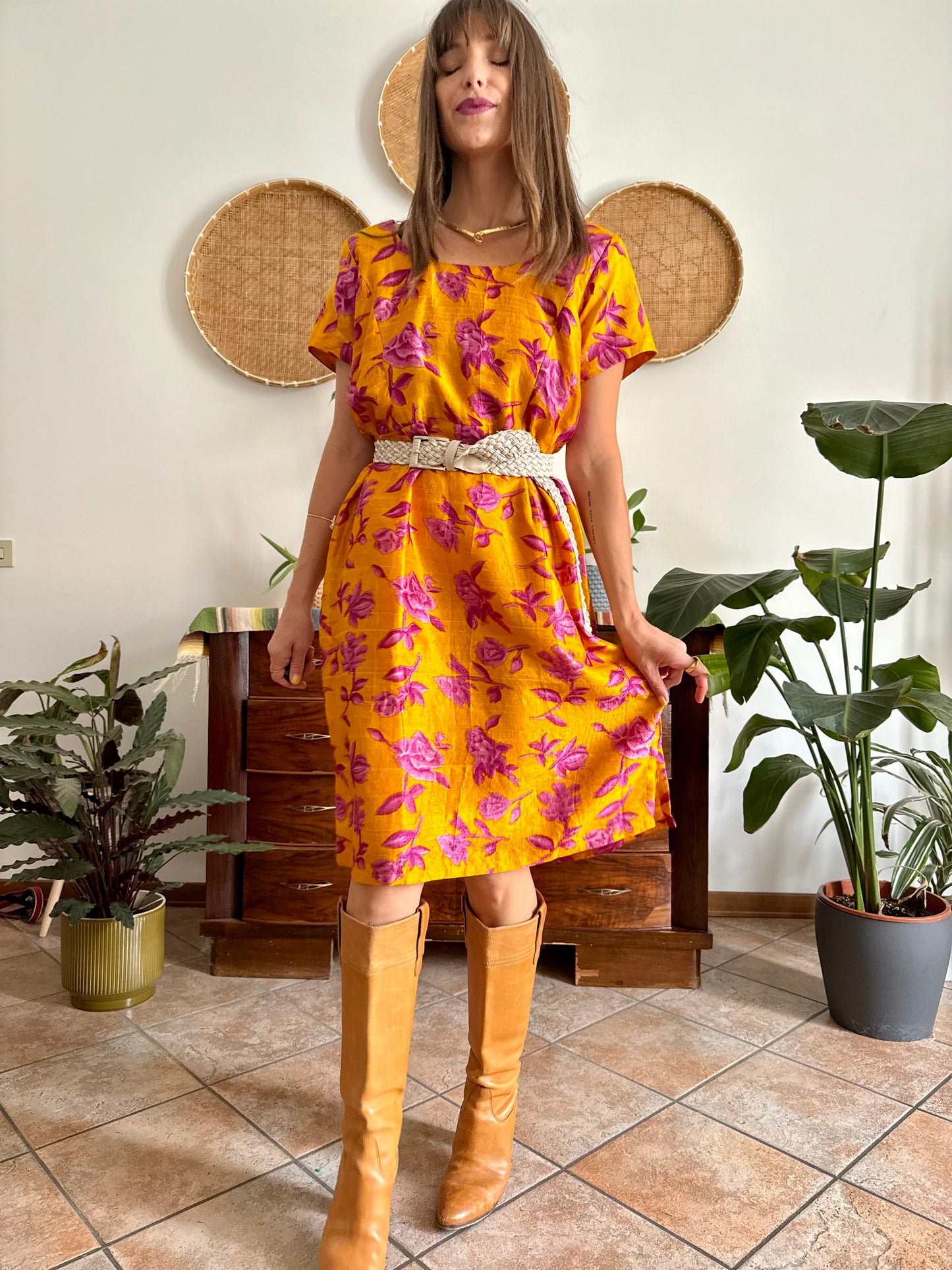 1970's vintage yellow raw silk with fuchsia floral print