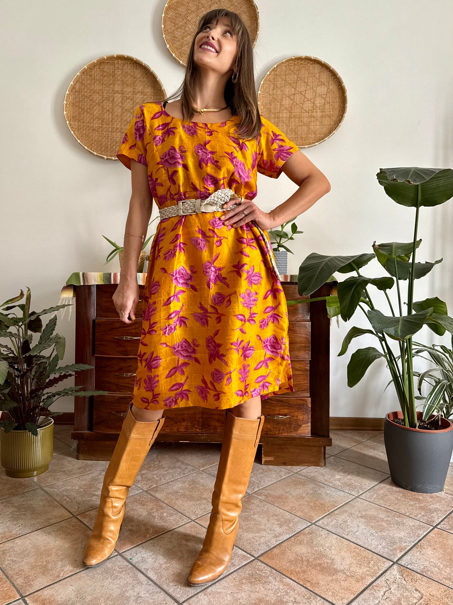 1970's vintage yellow raw silk with fuchsia floral print