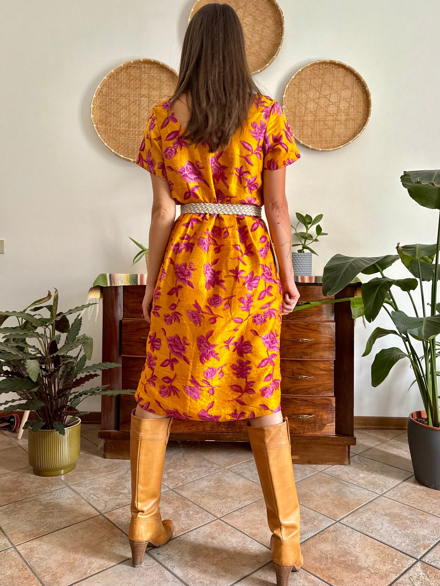 1970's vintage yellow raw silk with fuchsia floral print