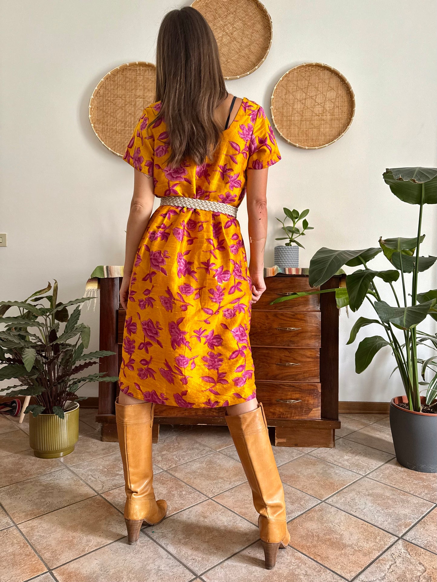 1970's vintage yellow raw silk with fuchsia floral print