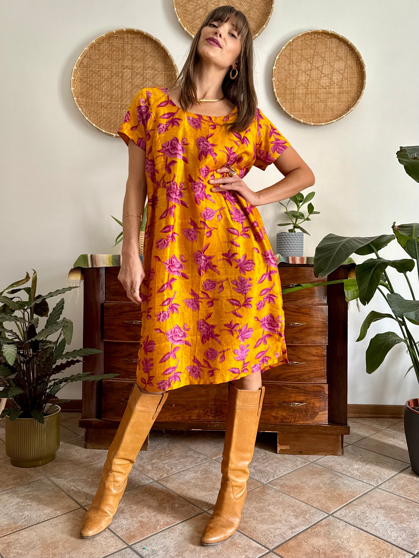1970's vintage yellow raw silk with fuchsia floral print