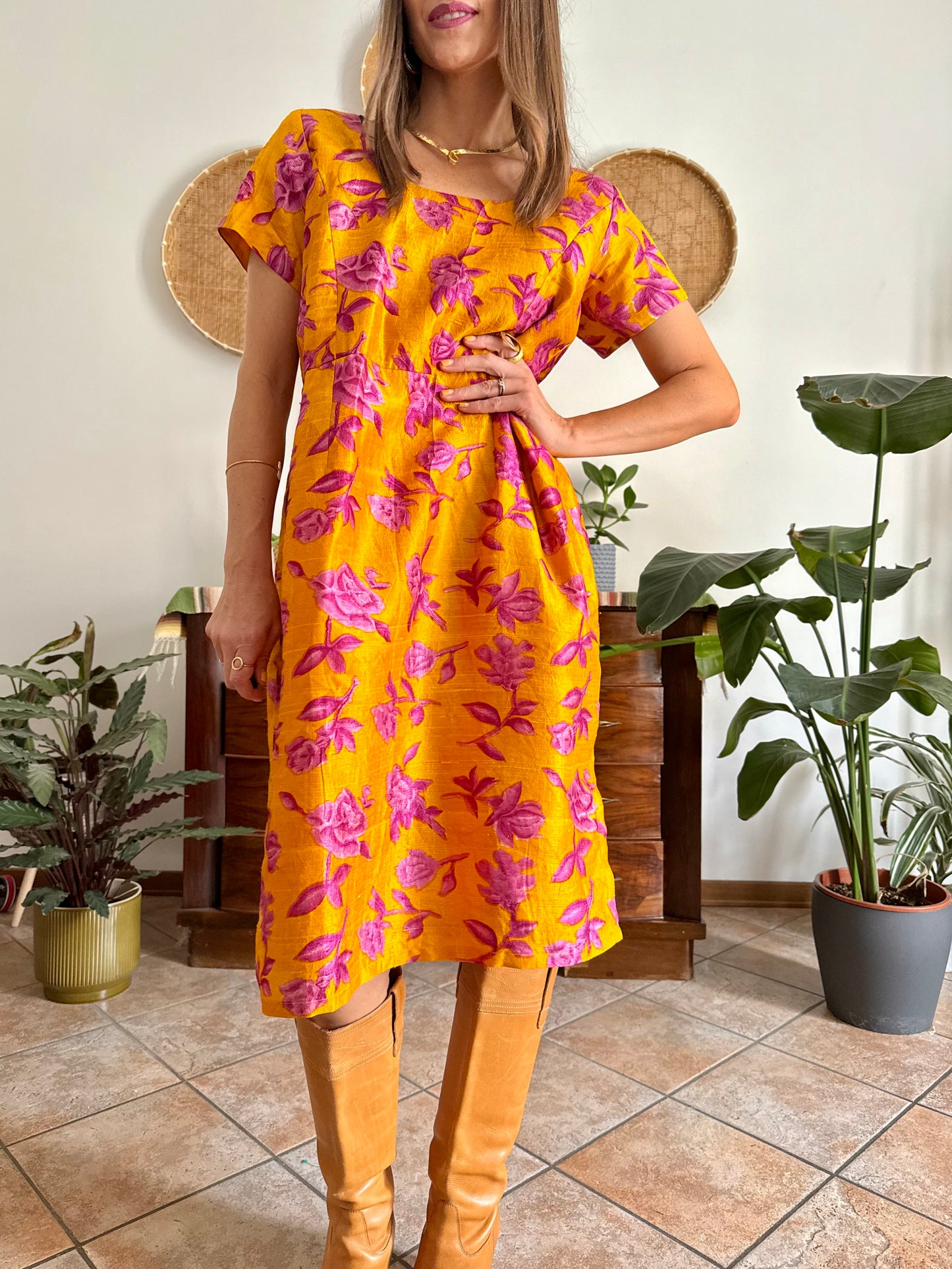 1970's vintage yellow raw silk with fuchsia floral print