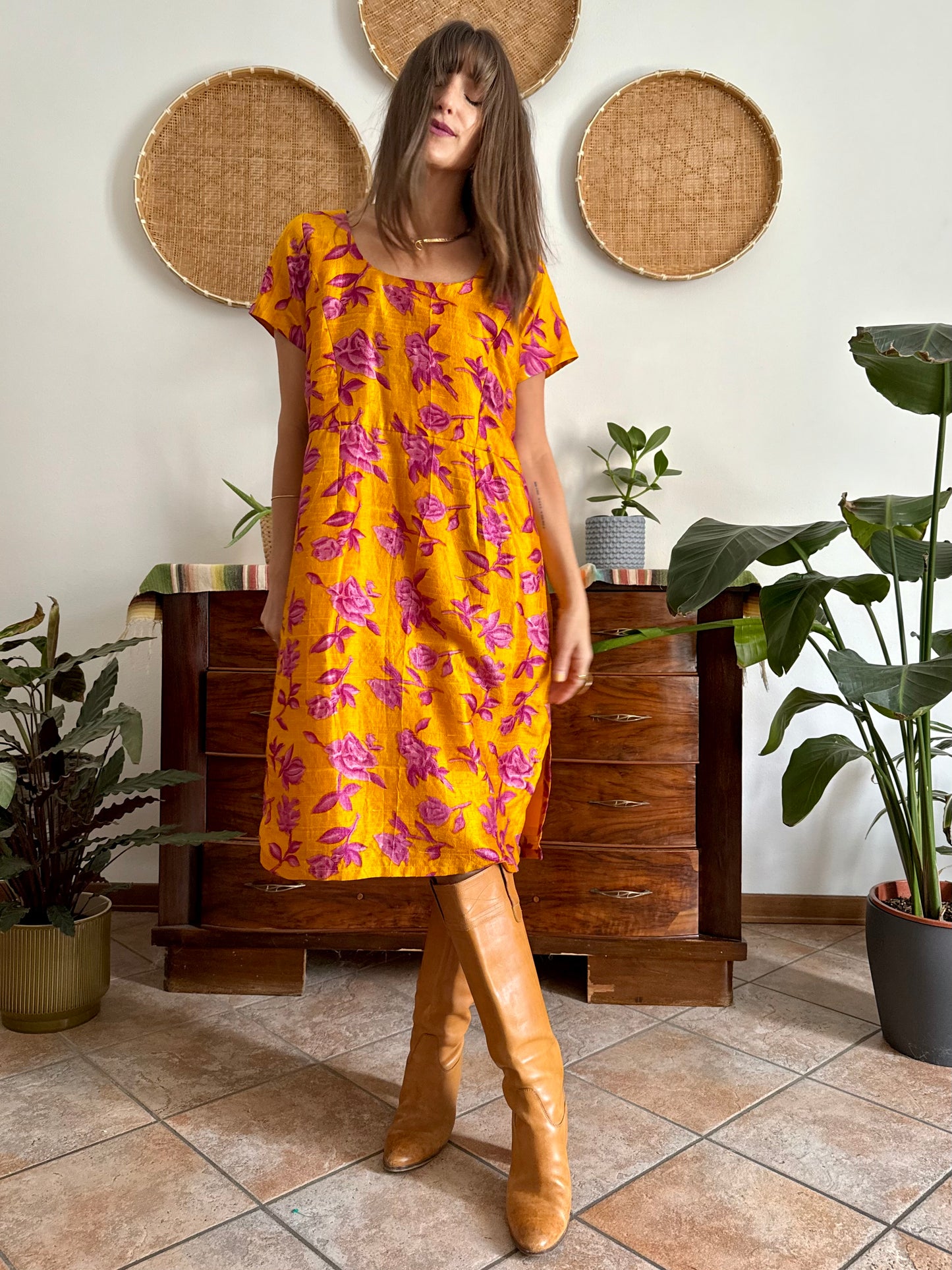 1970's vintage yellow raw silk with fuchsia floral print