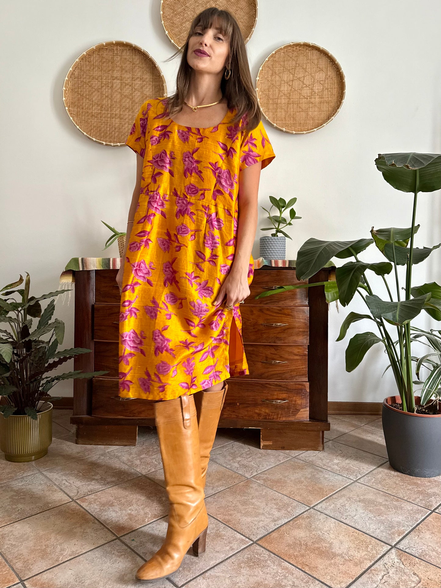 1970's vintage yellow raw silk with fuchsia floral print