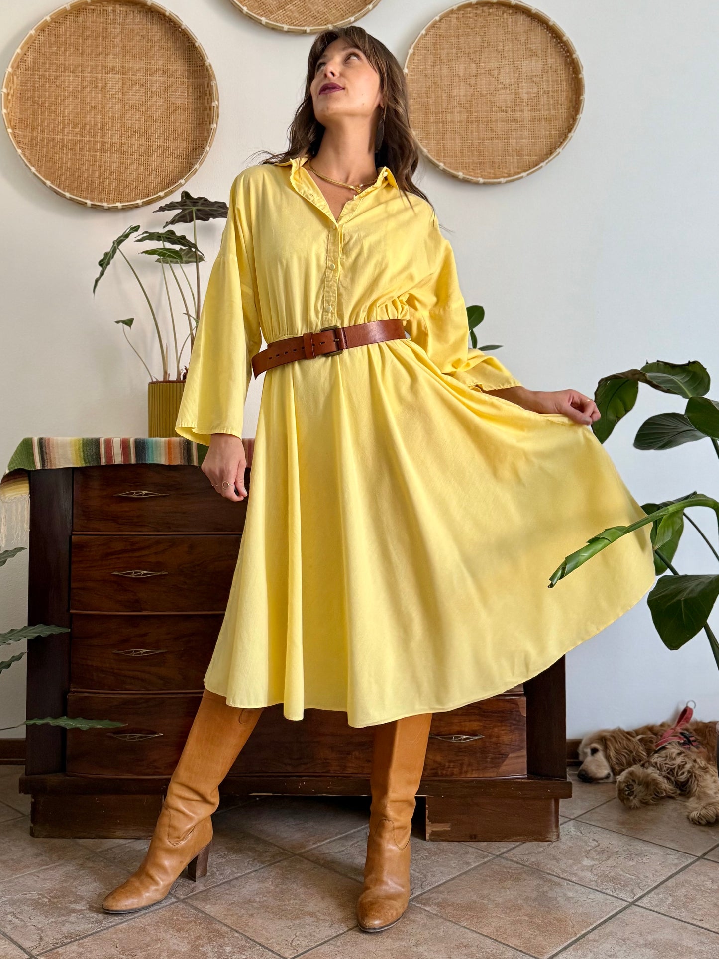 1970's vintage yellow cotton button down midi dress