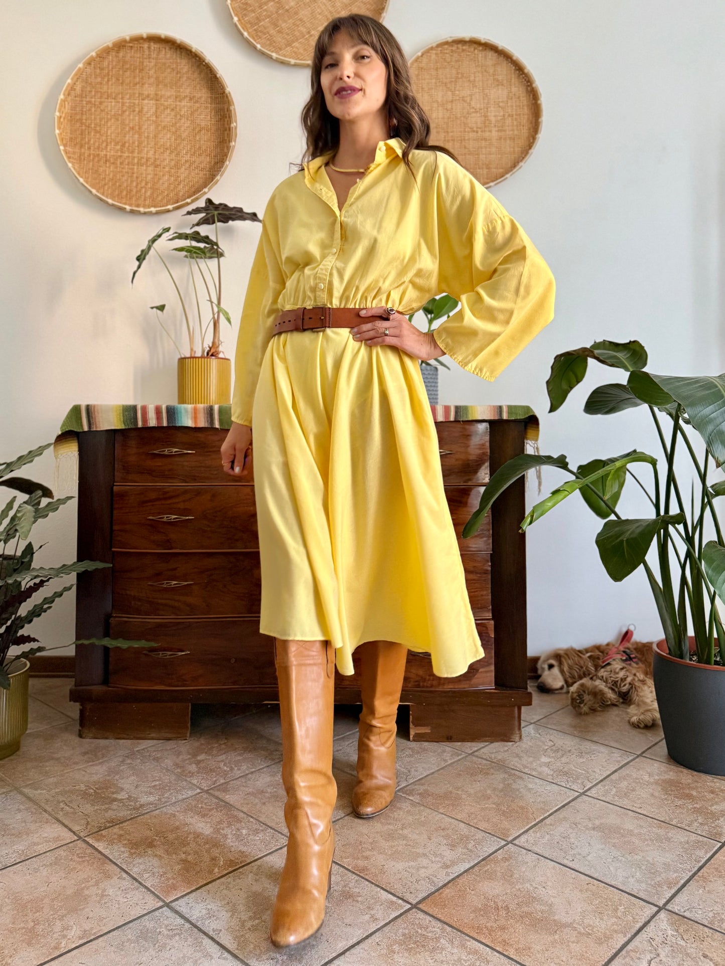 1970's vintage yellow cotton button down midi dress